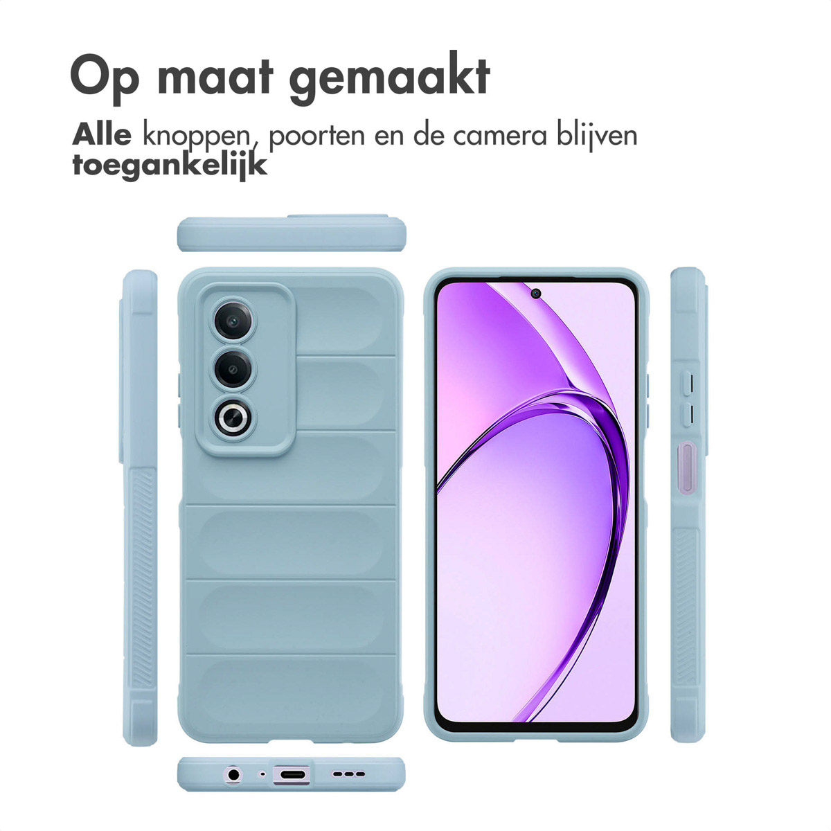 Coque de téléphone bleu clair en plusieurs vues. Texte : 'Fabriqué sur mesure'. Boutons, ports et caméra accessibles.
