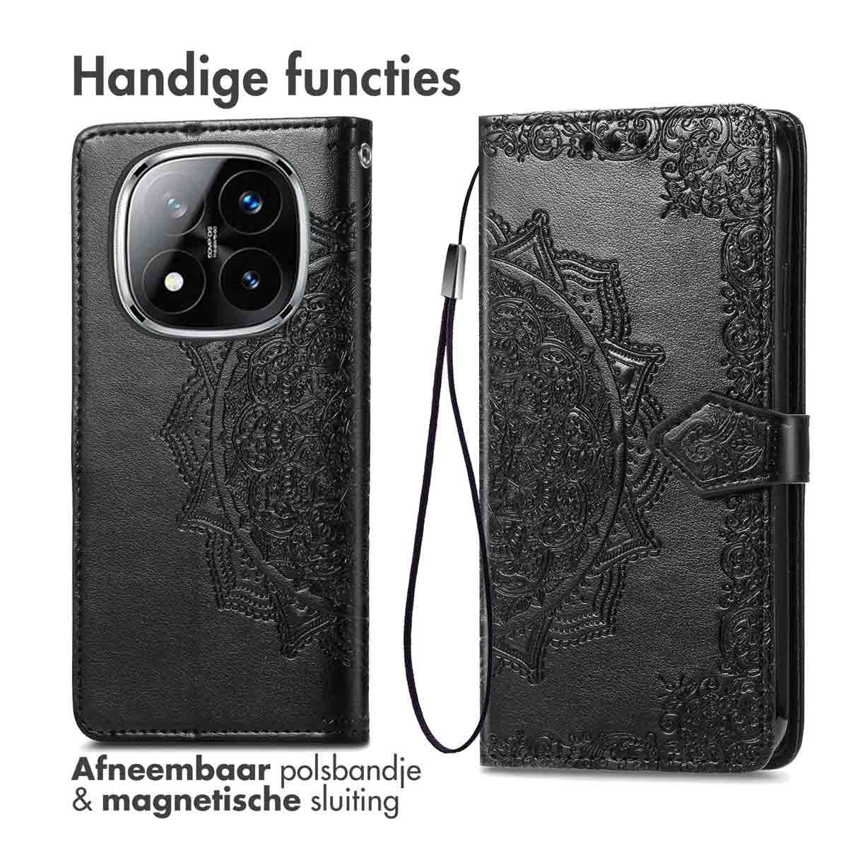 Zwarte telefoonhoes met een patroon. Heeft een riem. Tekstoverlay.