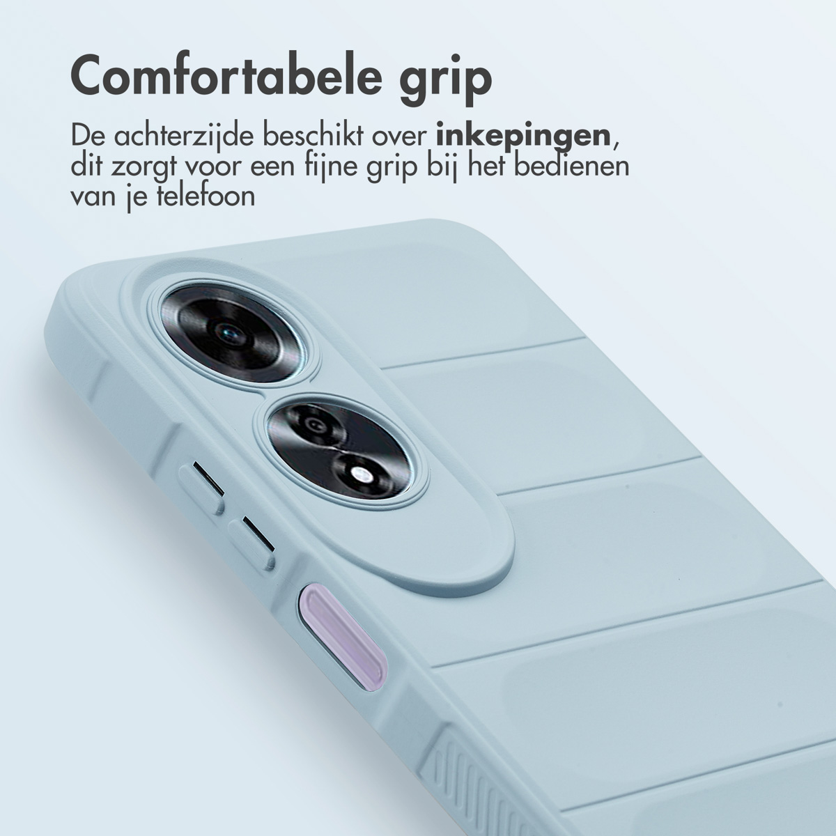 Gros plan sur une coque de téléphone et un téléphone. La coque est bleu clair avec un dos texturé. Texte : 'Comfortabele grip'.