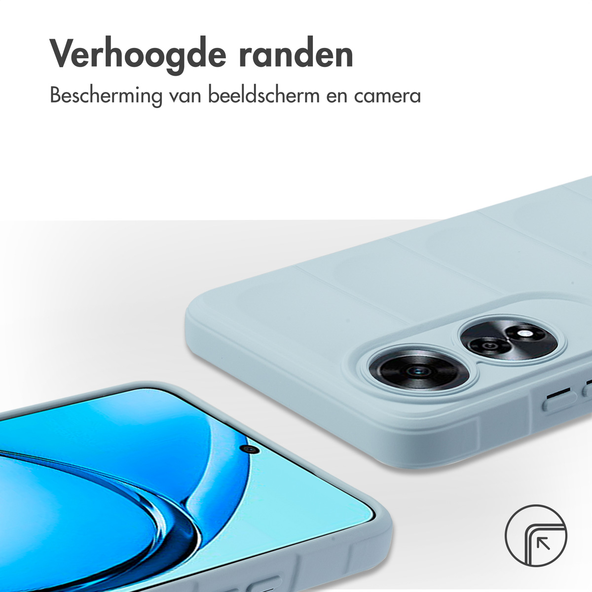 Une coque de téléphone et un téléphone. Le téléphone a des bords surélevés et est bleu clair.