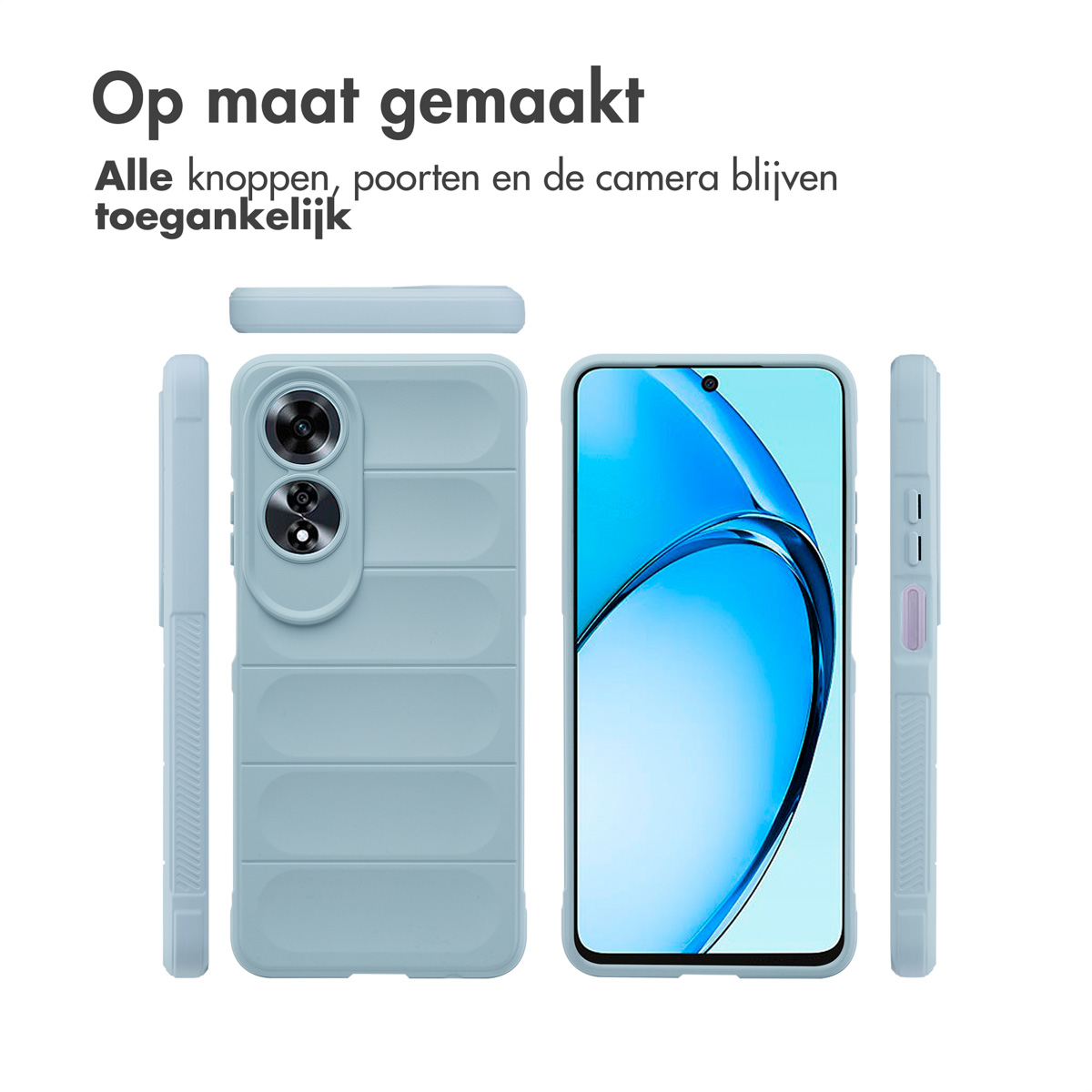 Une coque de téléphone bleu clair sous différents angles. La coque du téléphone est sur un fond blanc.