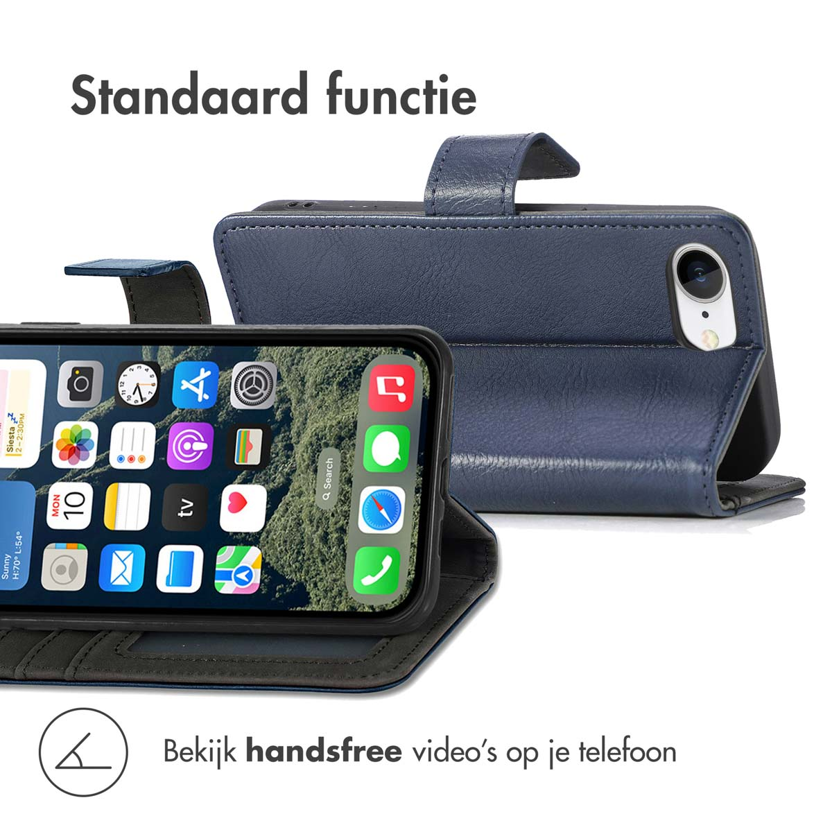 Een telefoon in een blauwe leren hoes. Toont het scherm en tekst: "Standaard functie" met pictogrammen.