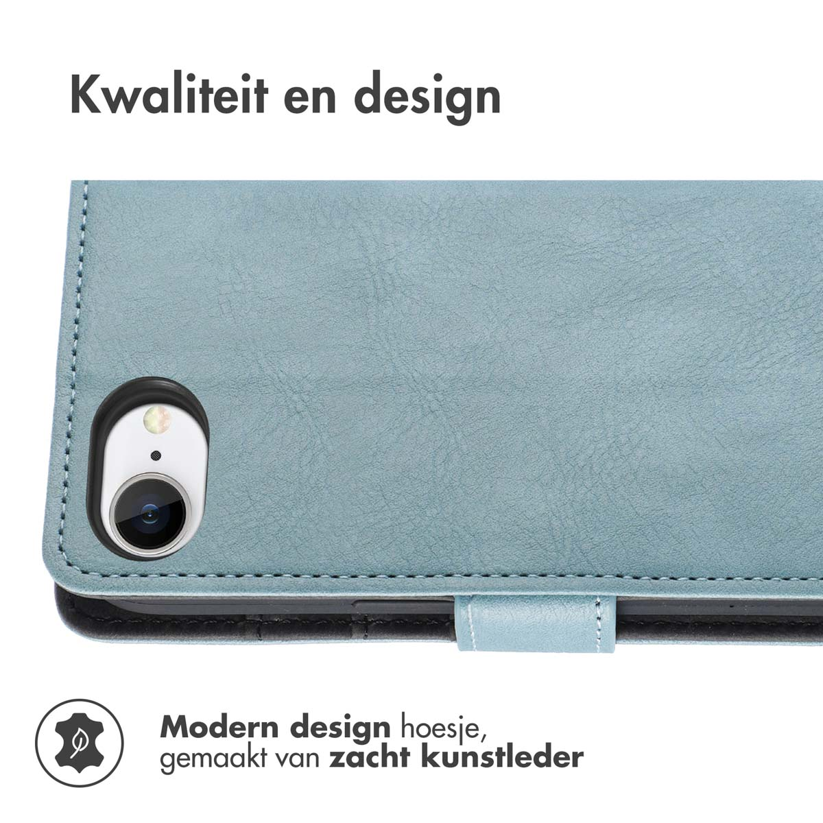 Een blauwe tablethoes. De hoes toont een tablet binnenin. Tekst luidt 'Kwaliteit en design'.
