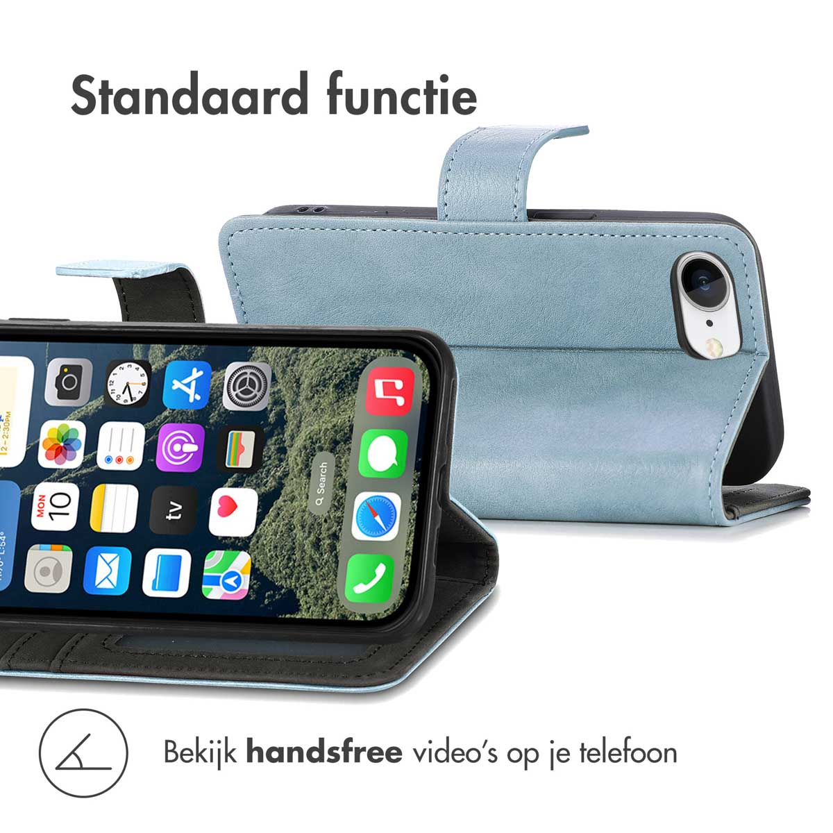 Blauwe telefoonhoes met telefoon erin. Toont het scherm van de telefoon en de gesloten hoes.