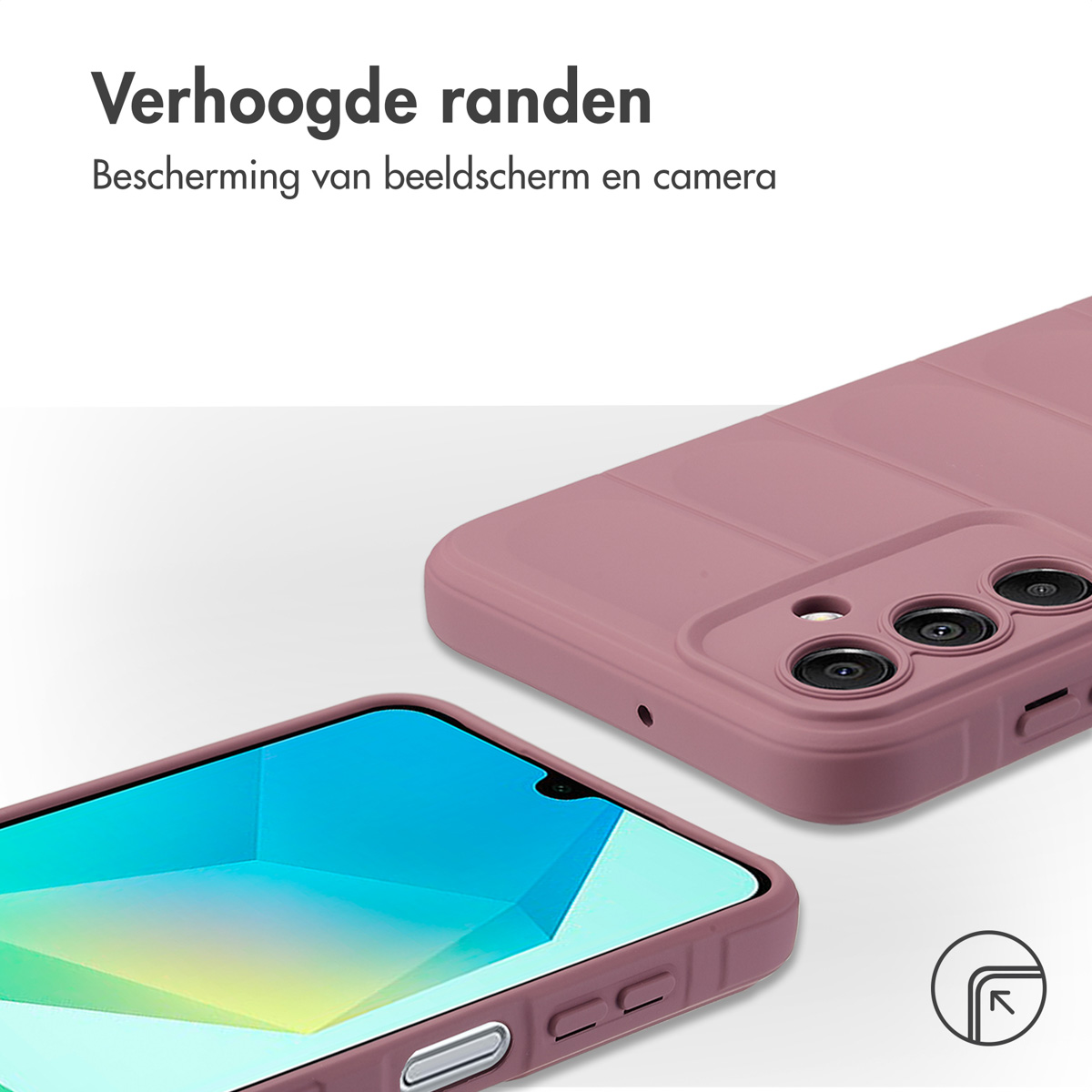 Een telefoon in een roze hoesje. De hoes heeft verhoogde randen. Het scherm is zichtbaar. Tekst: Verhoogde randen.