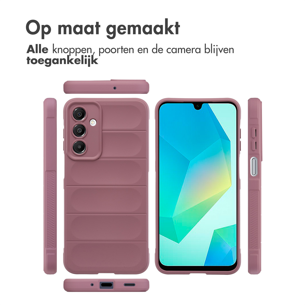 Telefoonhoes met verschillende onderdelen, waaronder de telefoon, de hoes en de zijkanten.