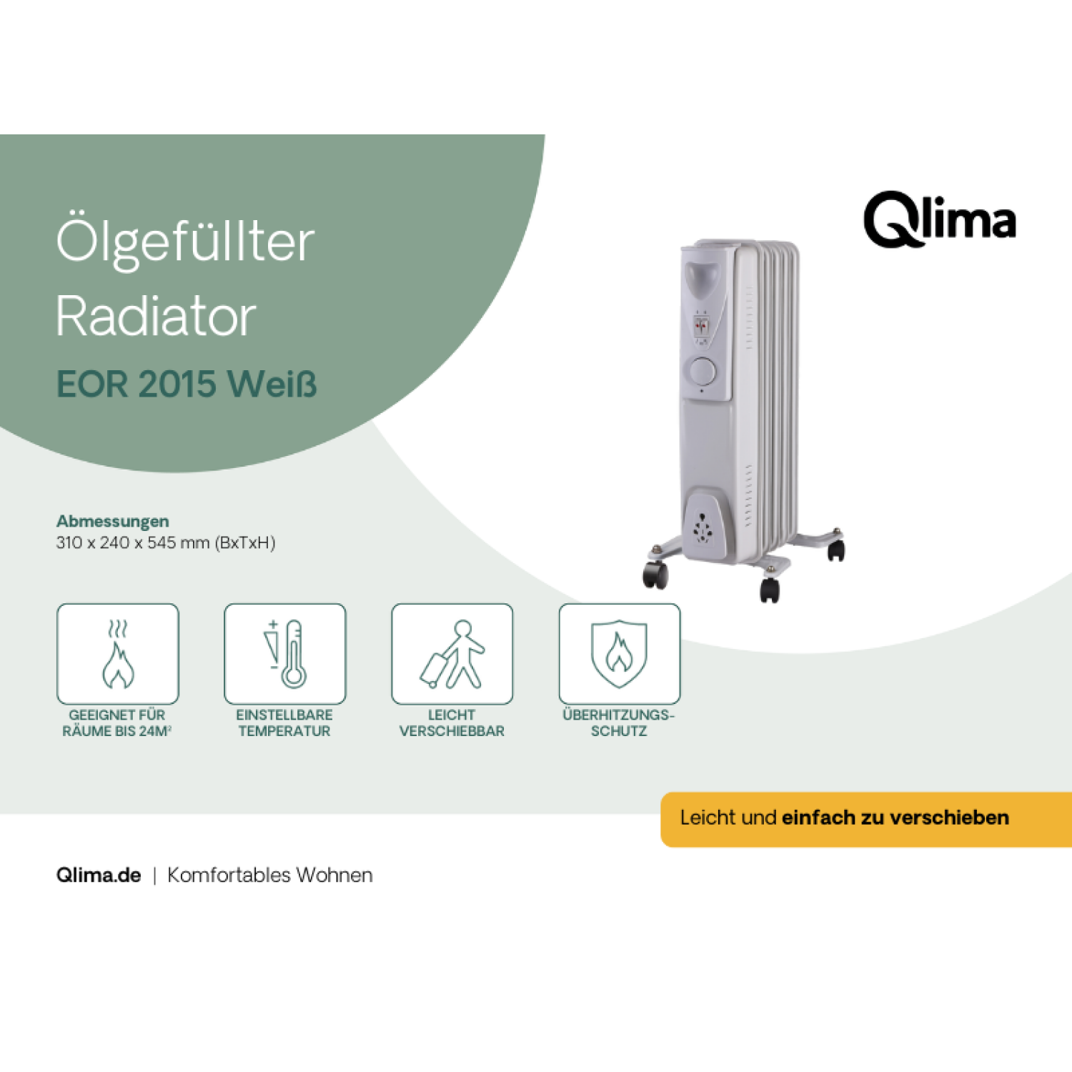 Witte oliegevulde radiator met bedieningselementen en zwarte onderkant. Tekst en pictogrammen.