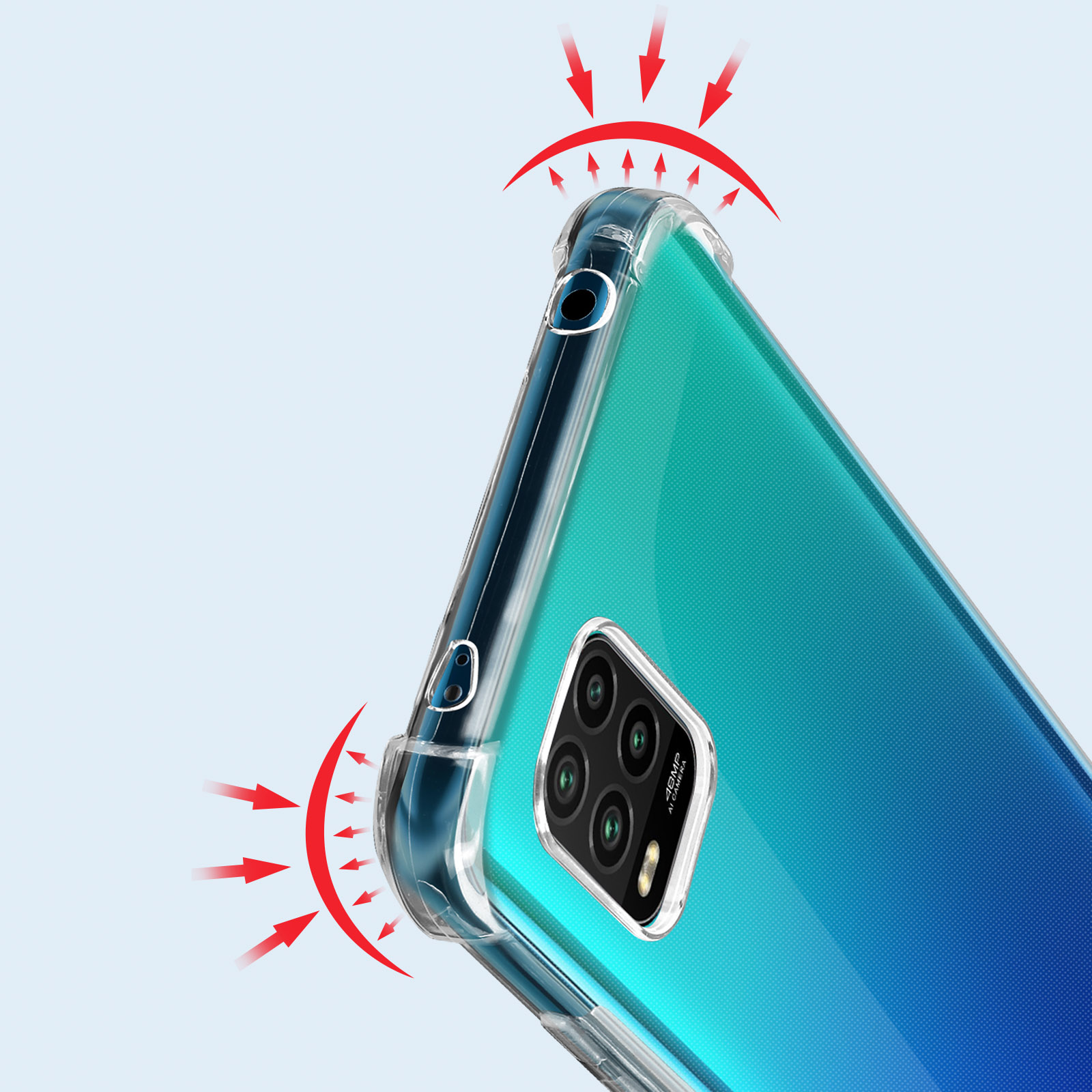 Primo piano di un telefono in una custodia trasparente con frecce rosse che indicano la protezione dagli urti agli angoli.