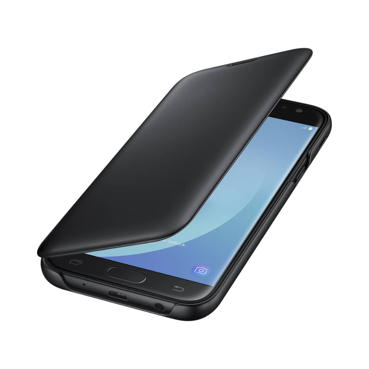 Un smartphone negro con una funda abatible parcialmente abierta. La pantalla es visible, mostrando un fondo azul y blanco.