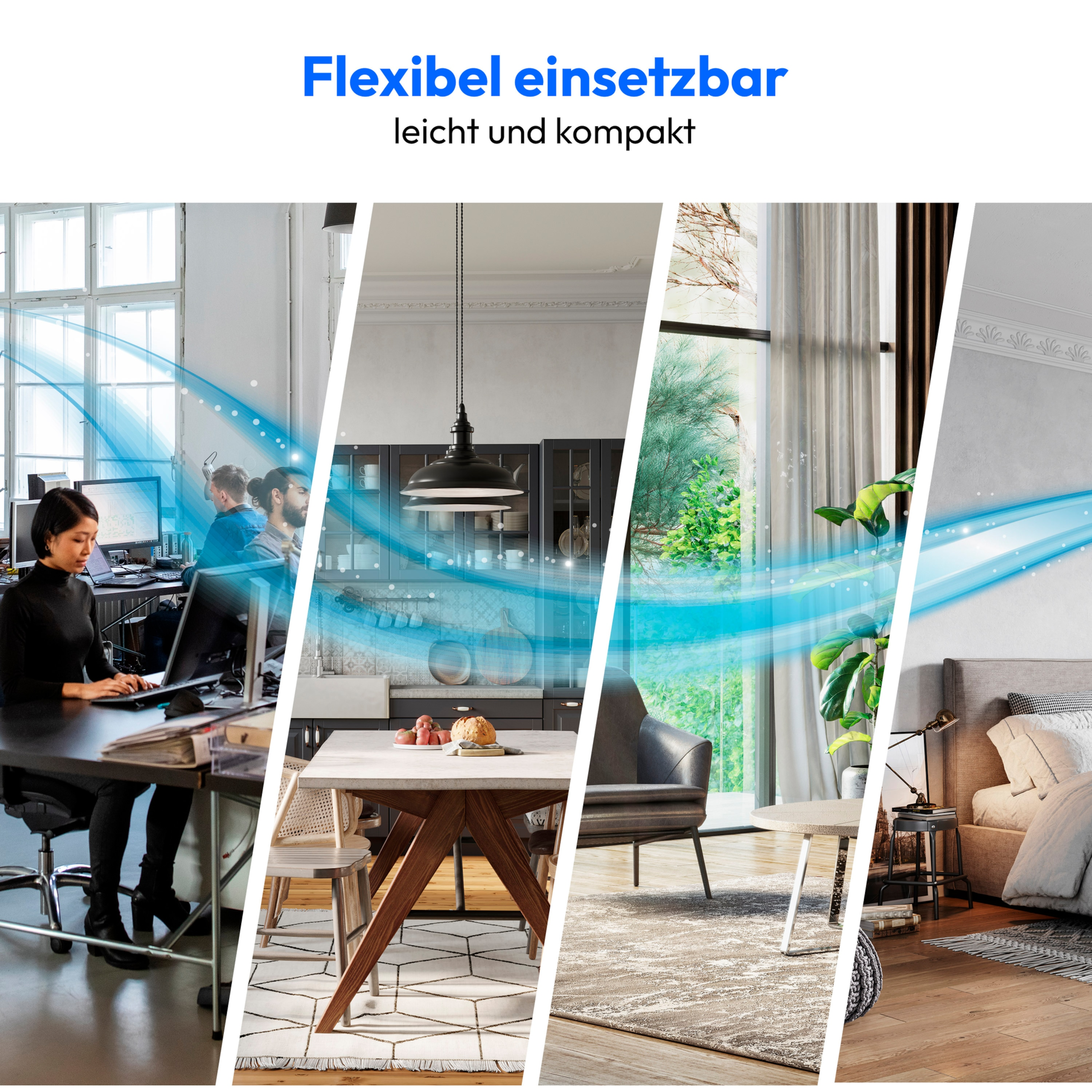 Wiele scen przedstawiających różne środowiska z przepływającymi niebieskimi liniami.