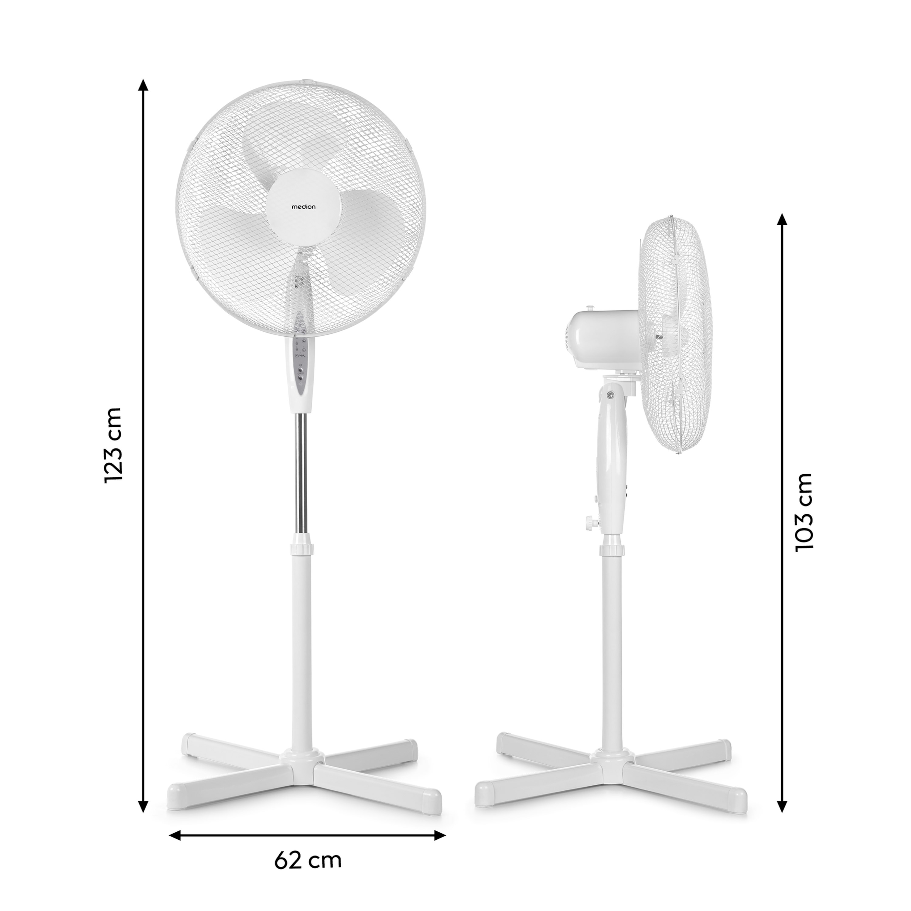 Dwa białe wentylatory stojące. Jeden jest prosty, drugi w widoku z boku. Wymiary są oznaczone.