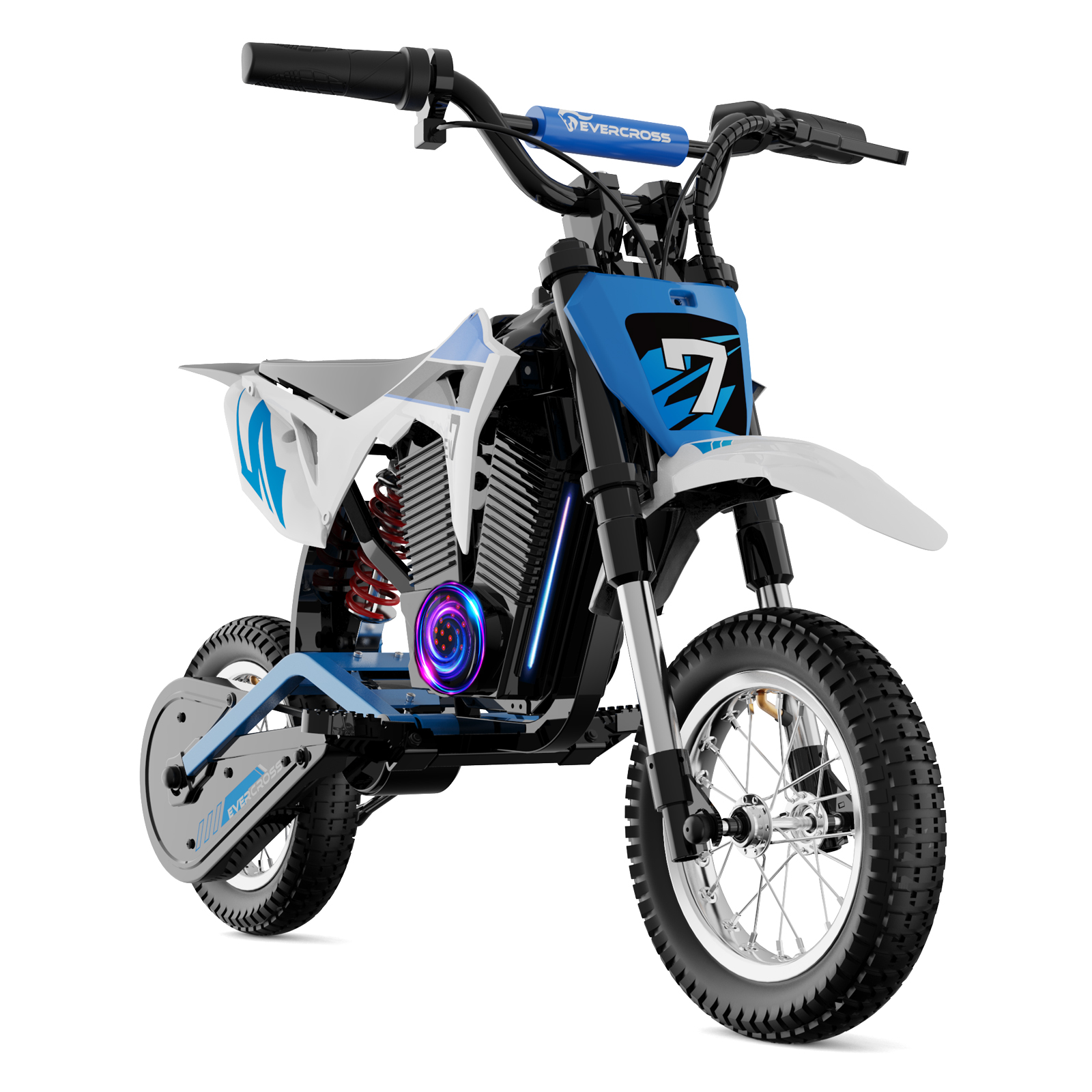 Elektrisches Dirtbike. Blau und weiß mit schwarzen Reifen, Nummer 7.