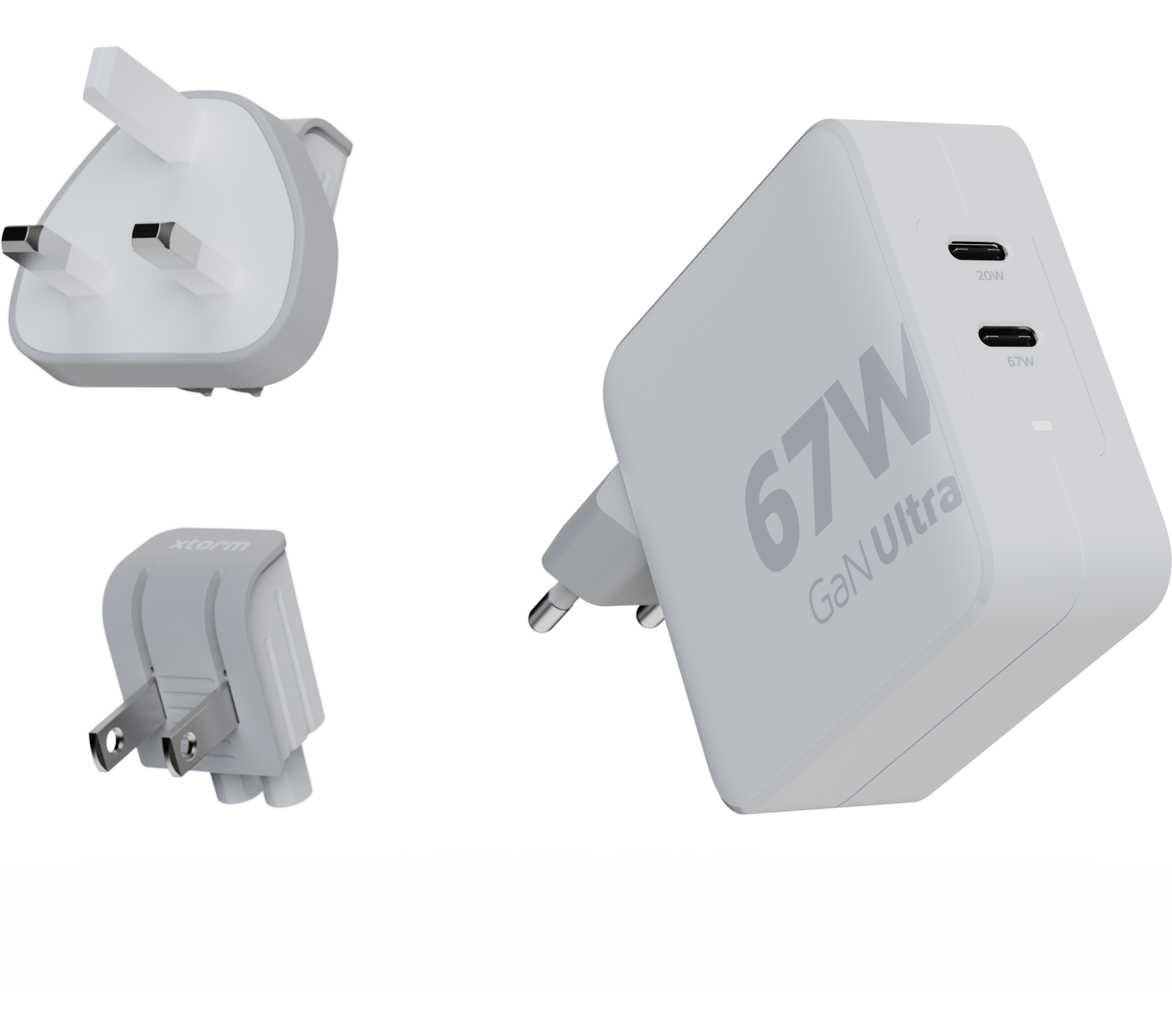Chargeur GaN Ultra 67W blanc avec prises. Plusieurs broches et adaptateurs. Fond noir.