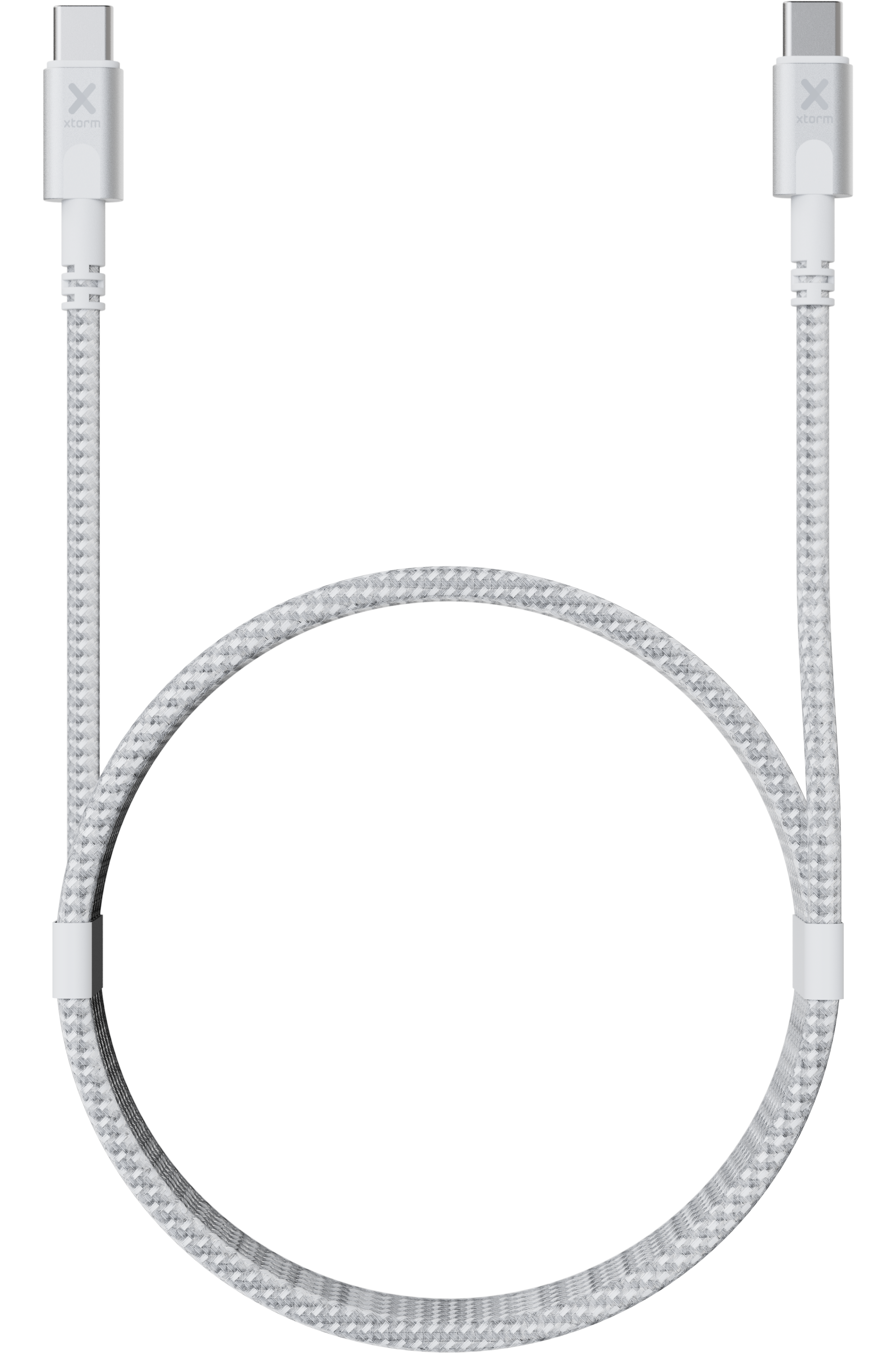 Câble USB-C blanc avec texture tressée, enroulé en cercle.
