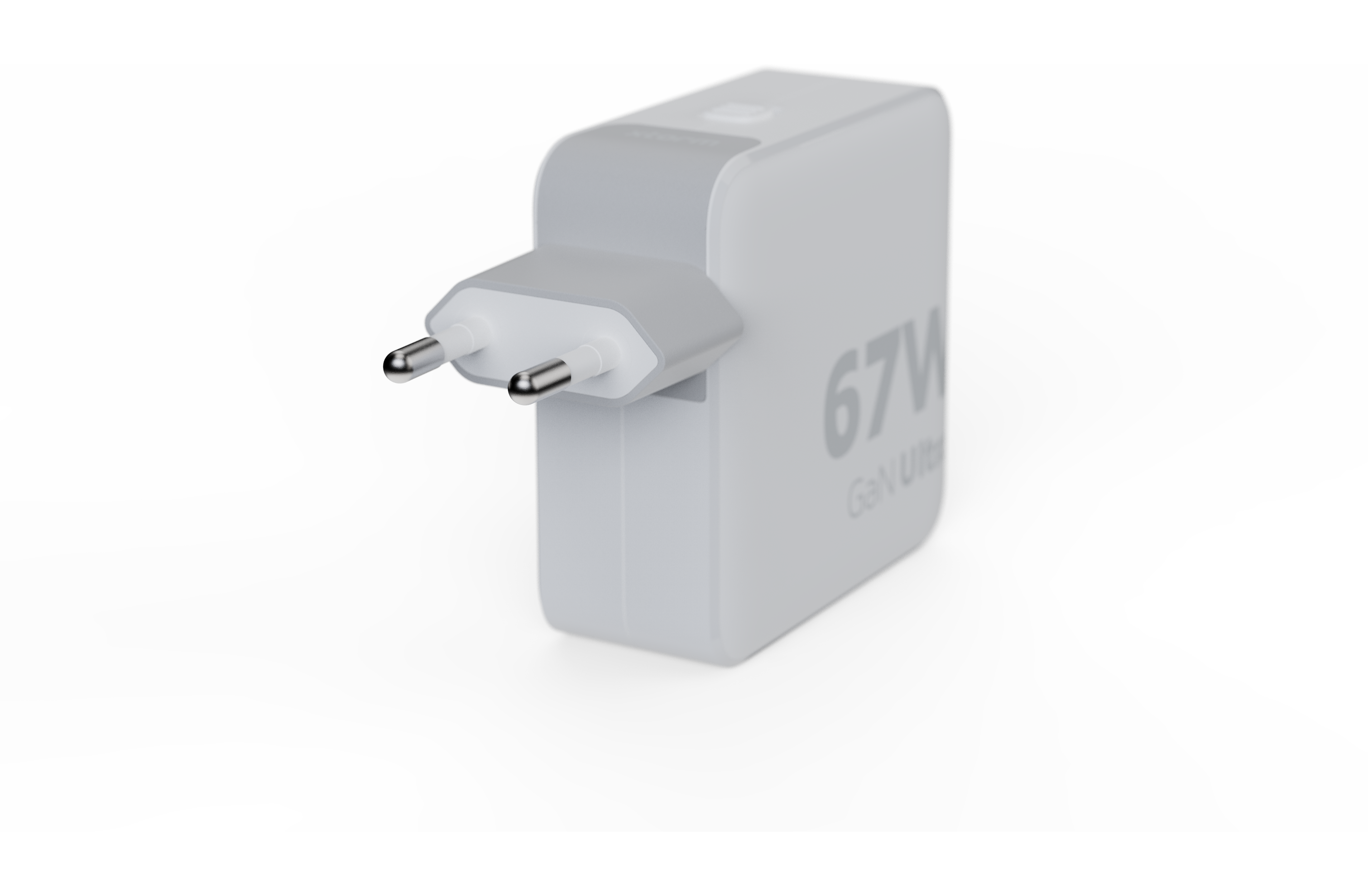 Chargeur blanc 67W GaN Ultra avec prise européenne. Le chargeur est blanc.