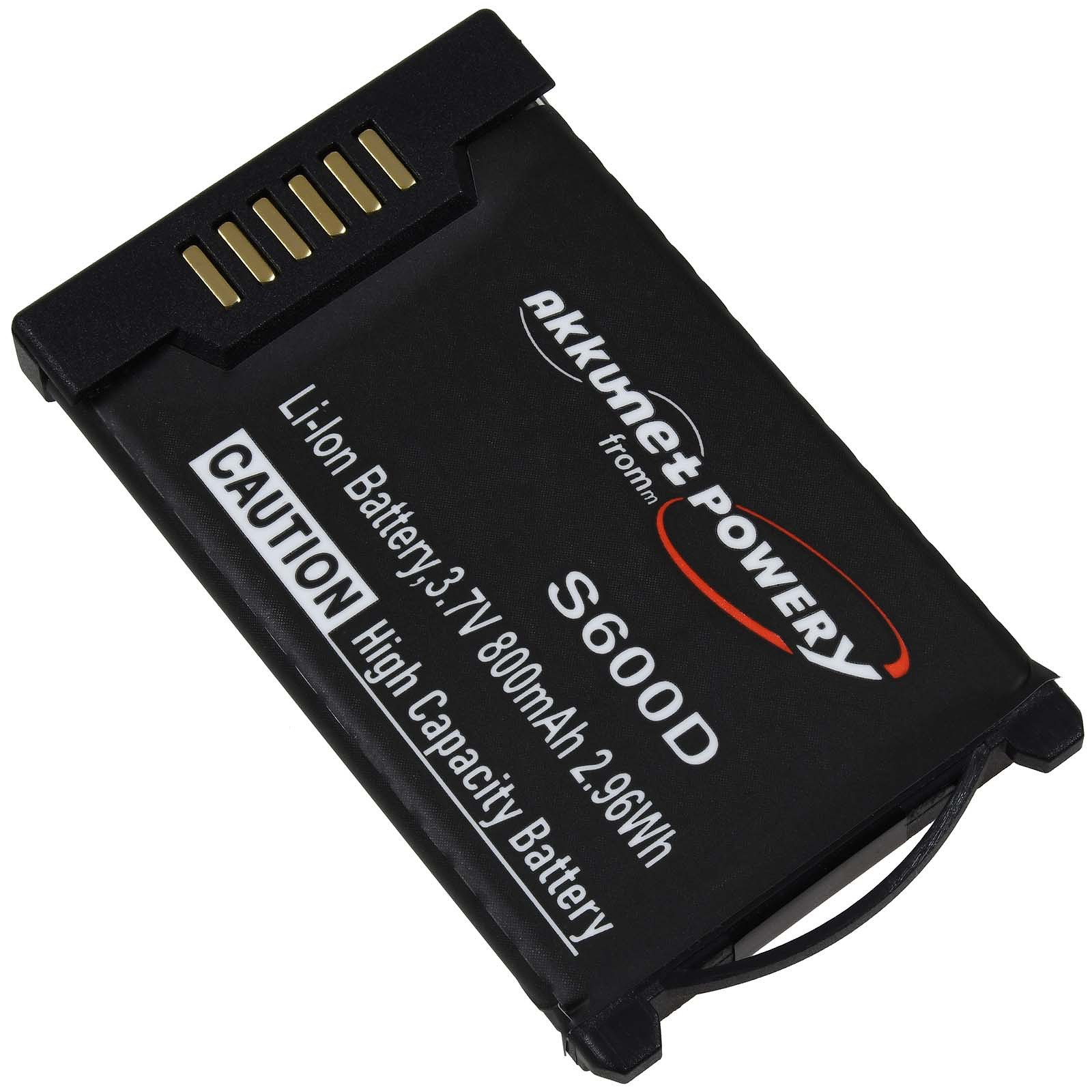 Un paquete de baterías en blanco y negro con texto que dice: "akkunet POWER", "S600D" y "Precaución".
