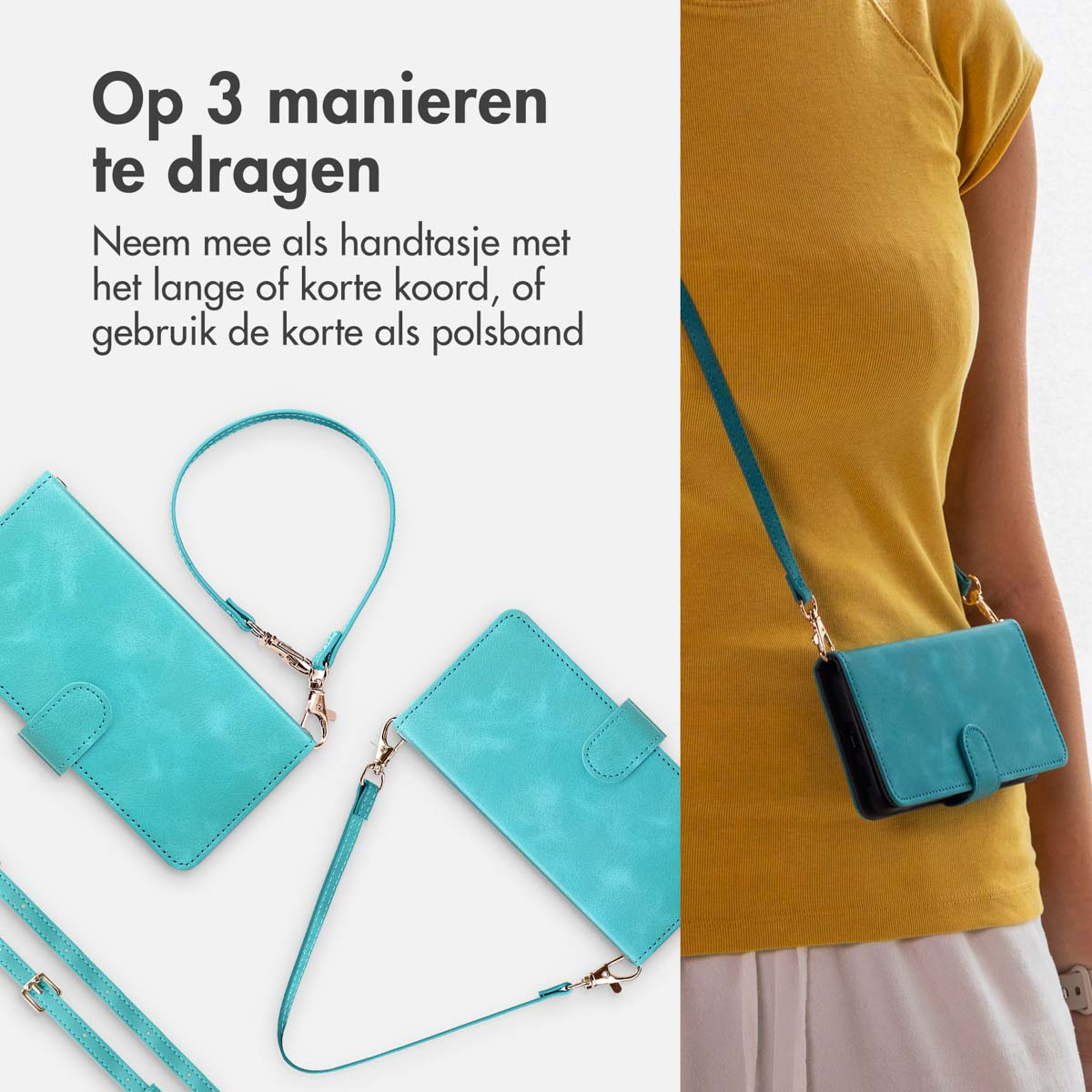 Drie turquoise telefoonhoesjes met bandjes, waarvan één door een persoon wordt gedragen.
