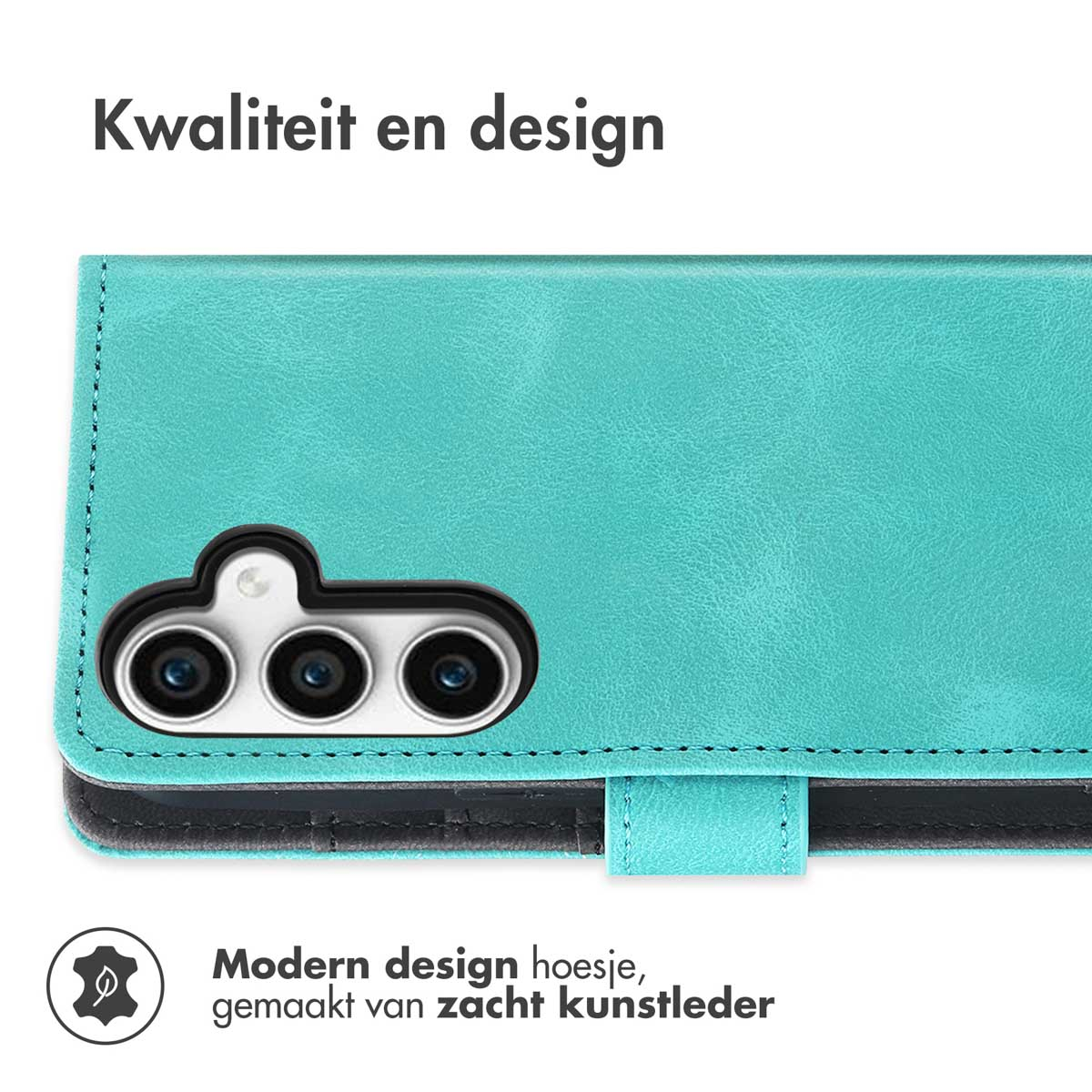 Turquoise telefoonhoesje met een modern ontwerp en zwarte camera-uitsparingen, met tekst in het Nederlands.