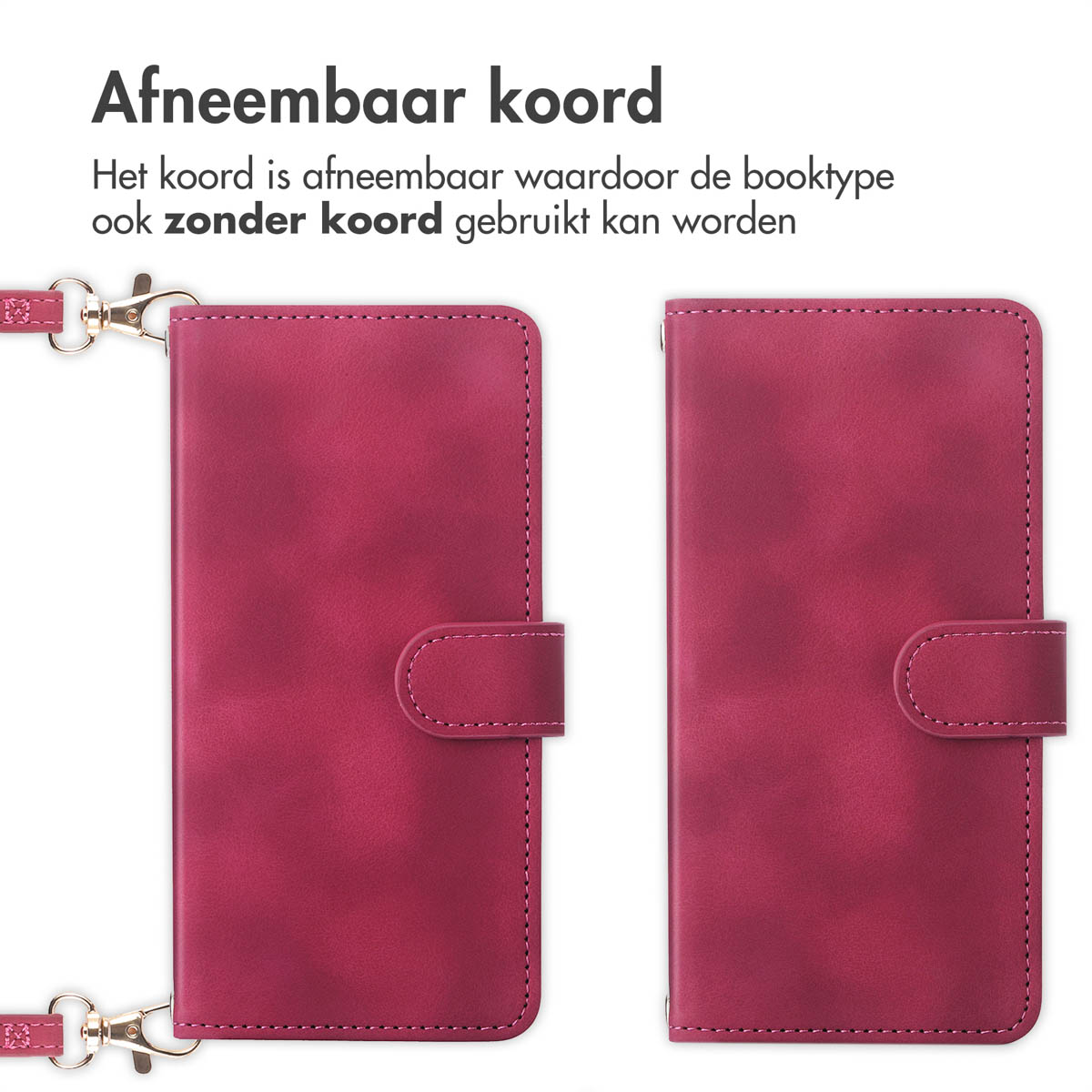 Deux étuis de téléphone ouverts, magenta, côte à côte, avec un cordon sur chacun, fond blanc.