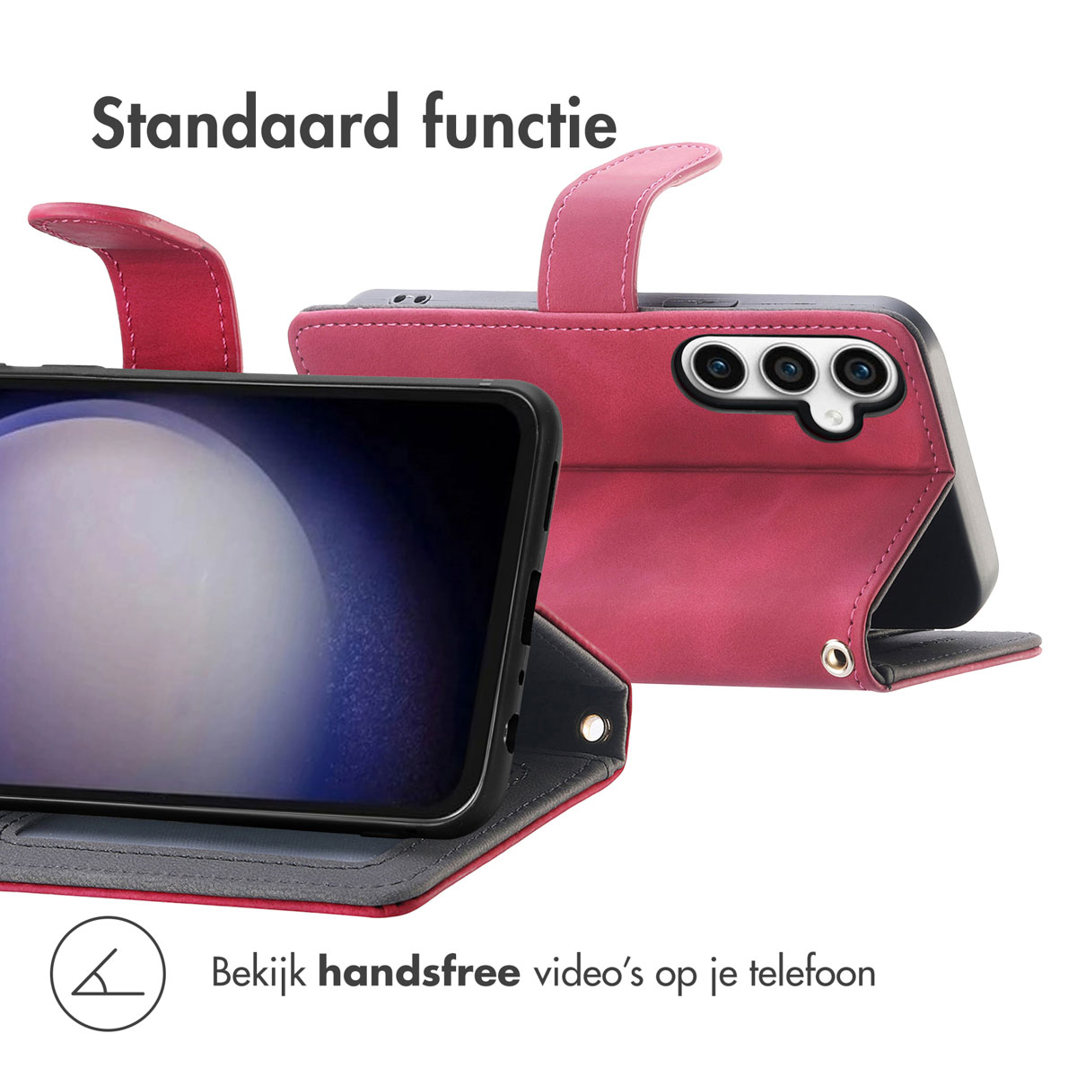 Coque de téléphone rose en position pliée, avec l'écran du téléphone face à l'avant. Montre comment regarder des vidéos.
