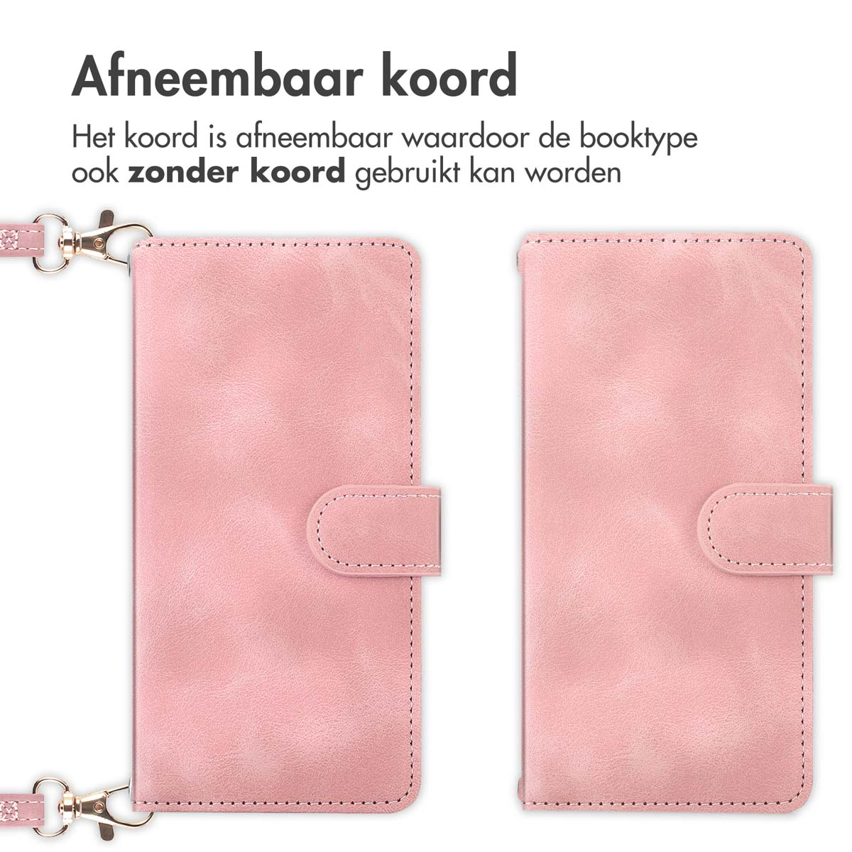 Roze telefoonhoes, open, met een afneembaar koord. De tekst zegt: Afneembaar koord.