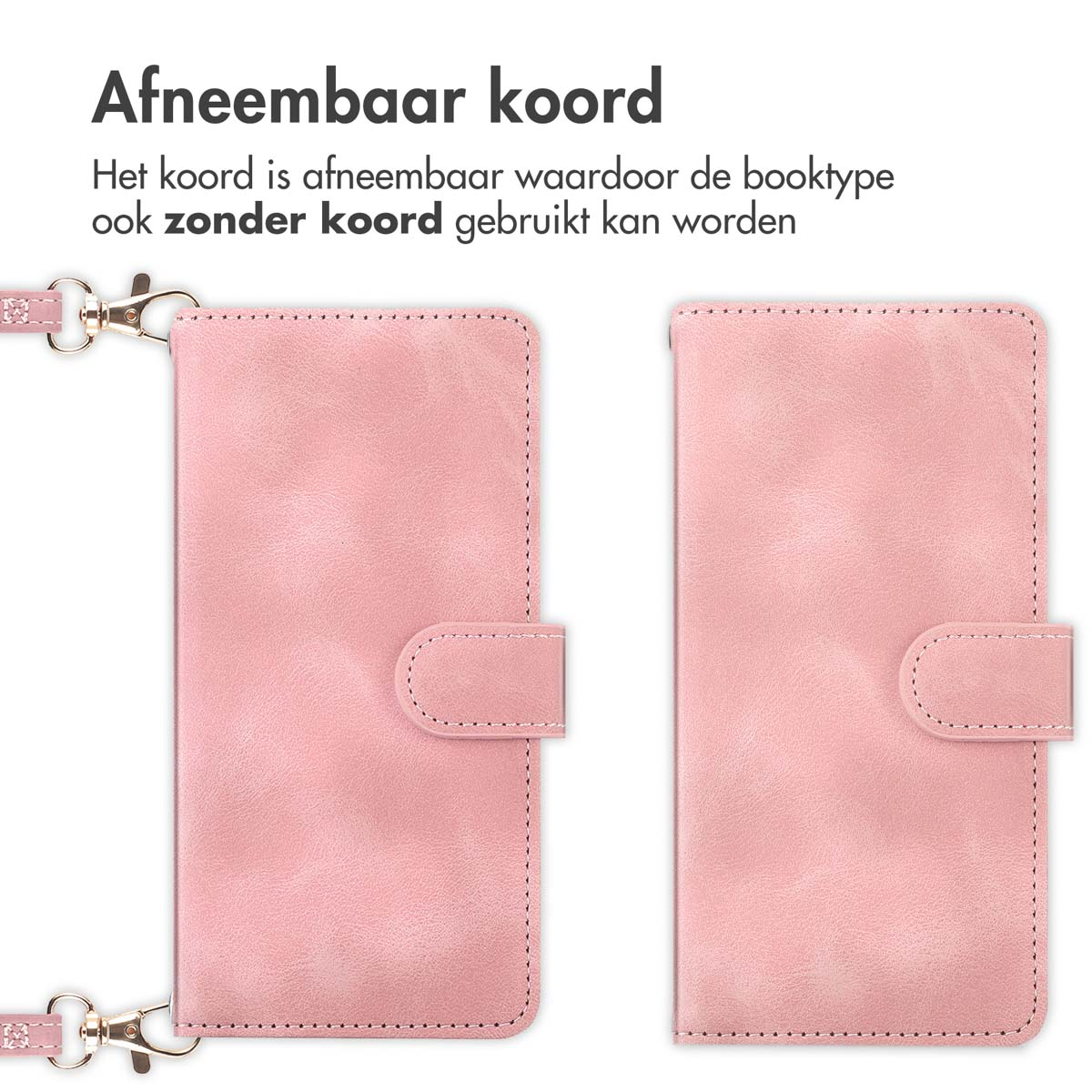Un étui de téléphone rose avec cordon détachable, montré ouvert et fermé.