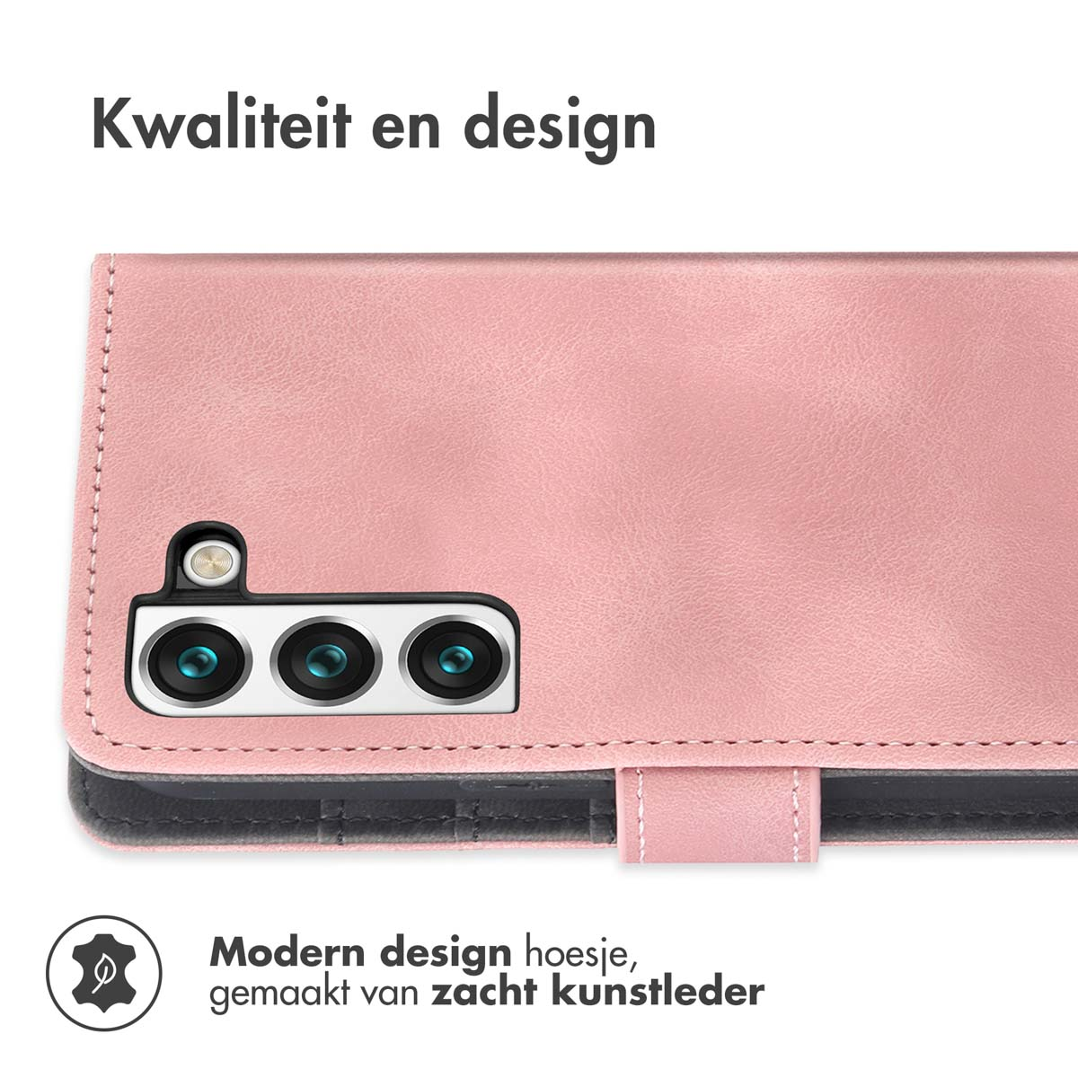 Une coque de téléphone rose avec un gros plan sur la zone de la caméra, texte sur le design.