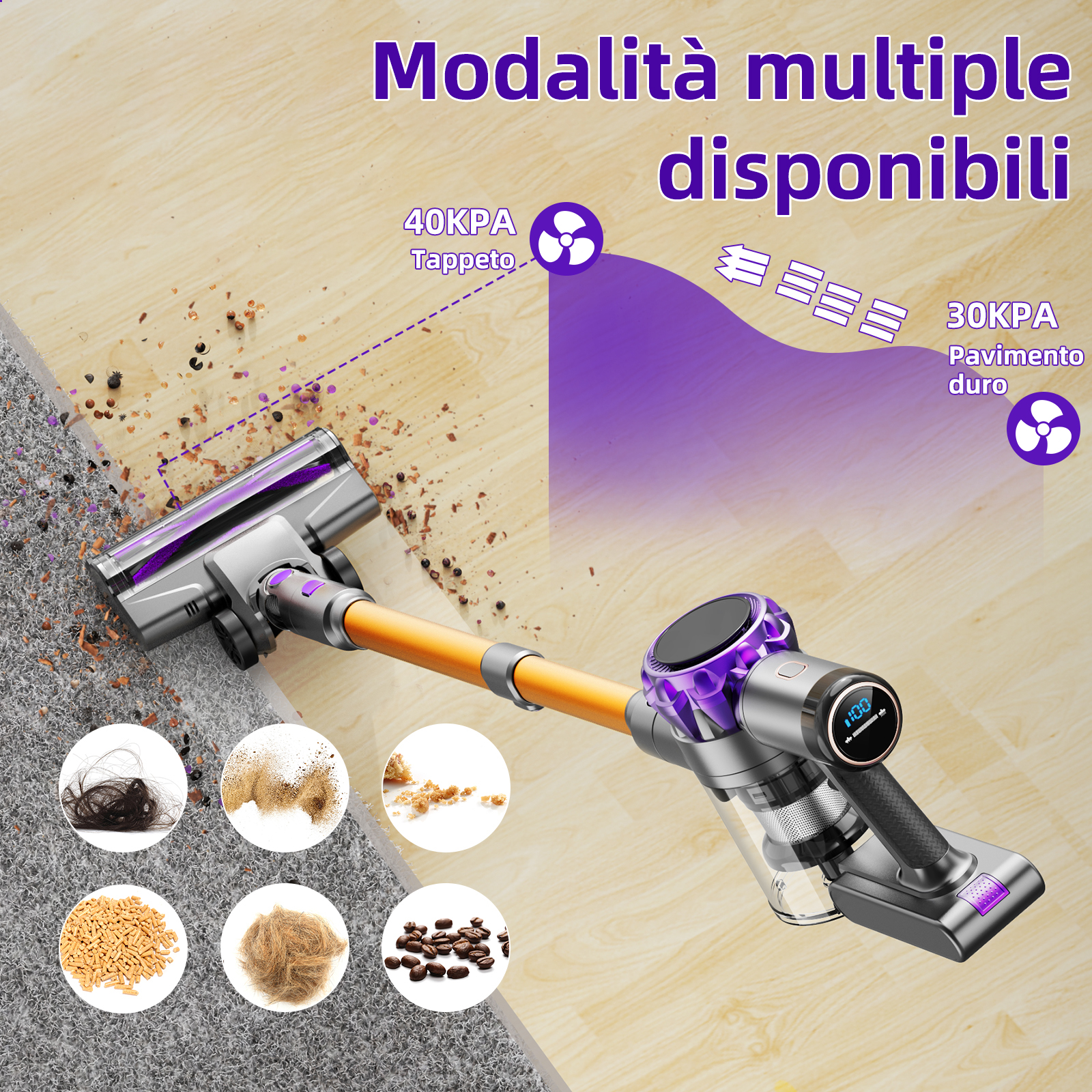Un aspirapolvere portatile con più modalità visualizzate. Dimostra la pulizia di vari tipi di detriti.