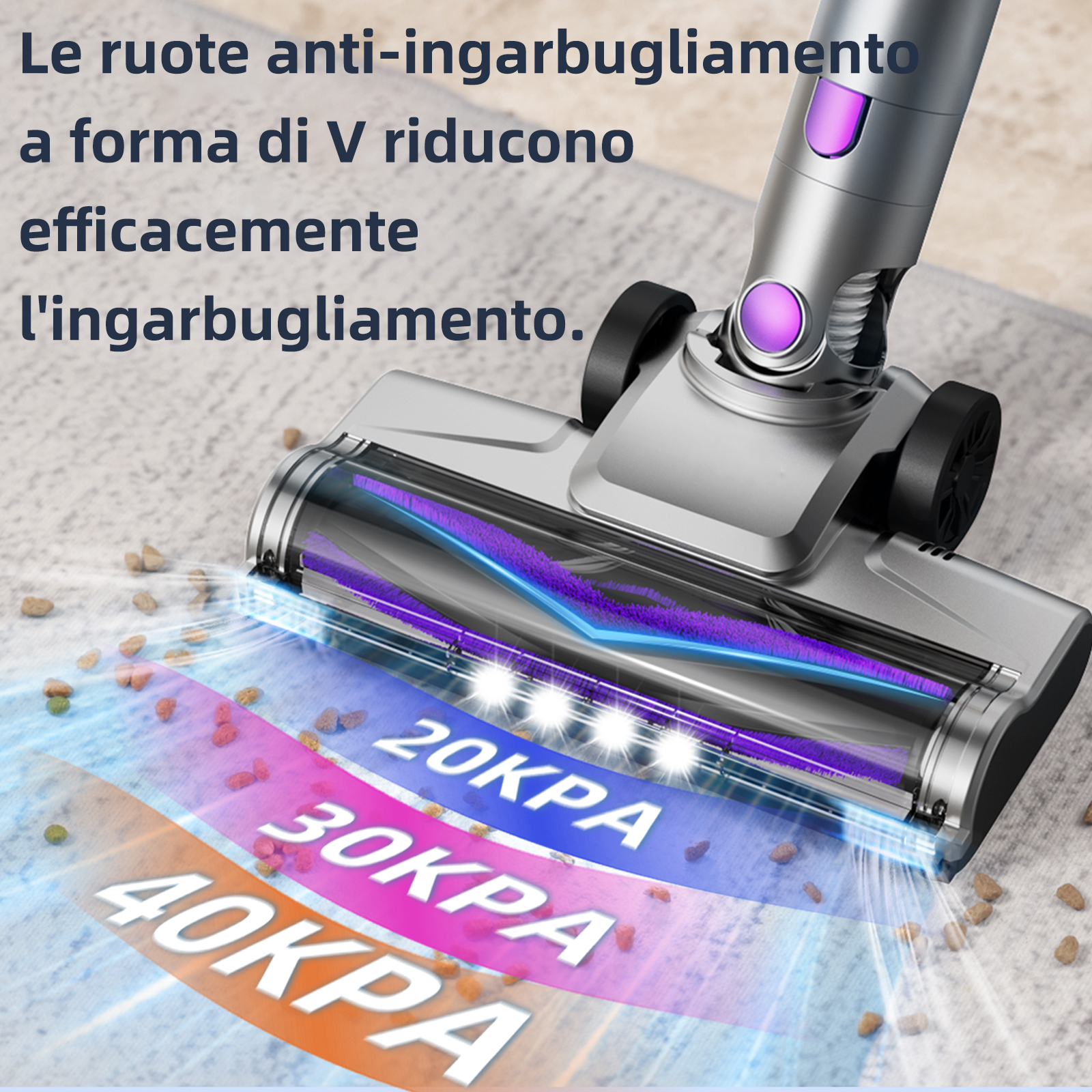 Primo piano della testina dell'aspirapolvere. Mostra una testina argentata con spazzola viola.