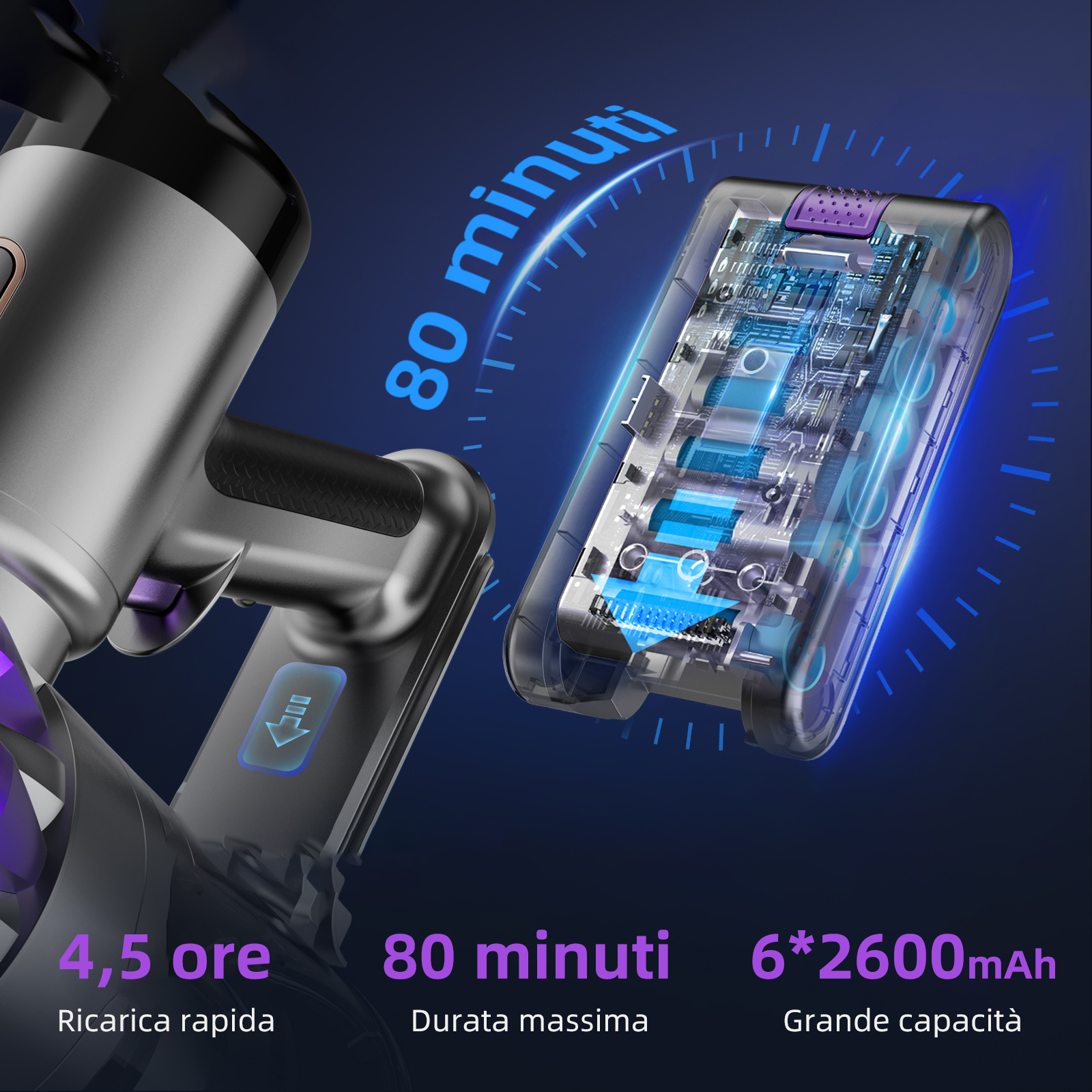 Aspirapolvere argento con dettagli blu e batteria trasparente. Testo: 4,5 ore, 80 minuti, 6*2600mAh.