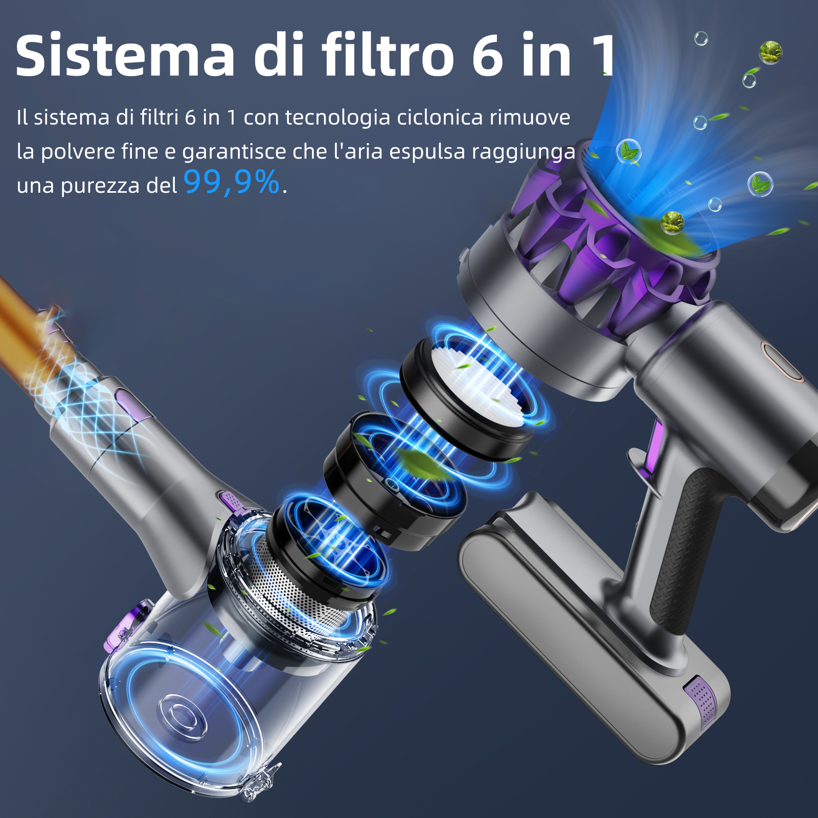Un aspirapolvere smontato che mostra il sistema di filtraggio con dettagli blu e viola.