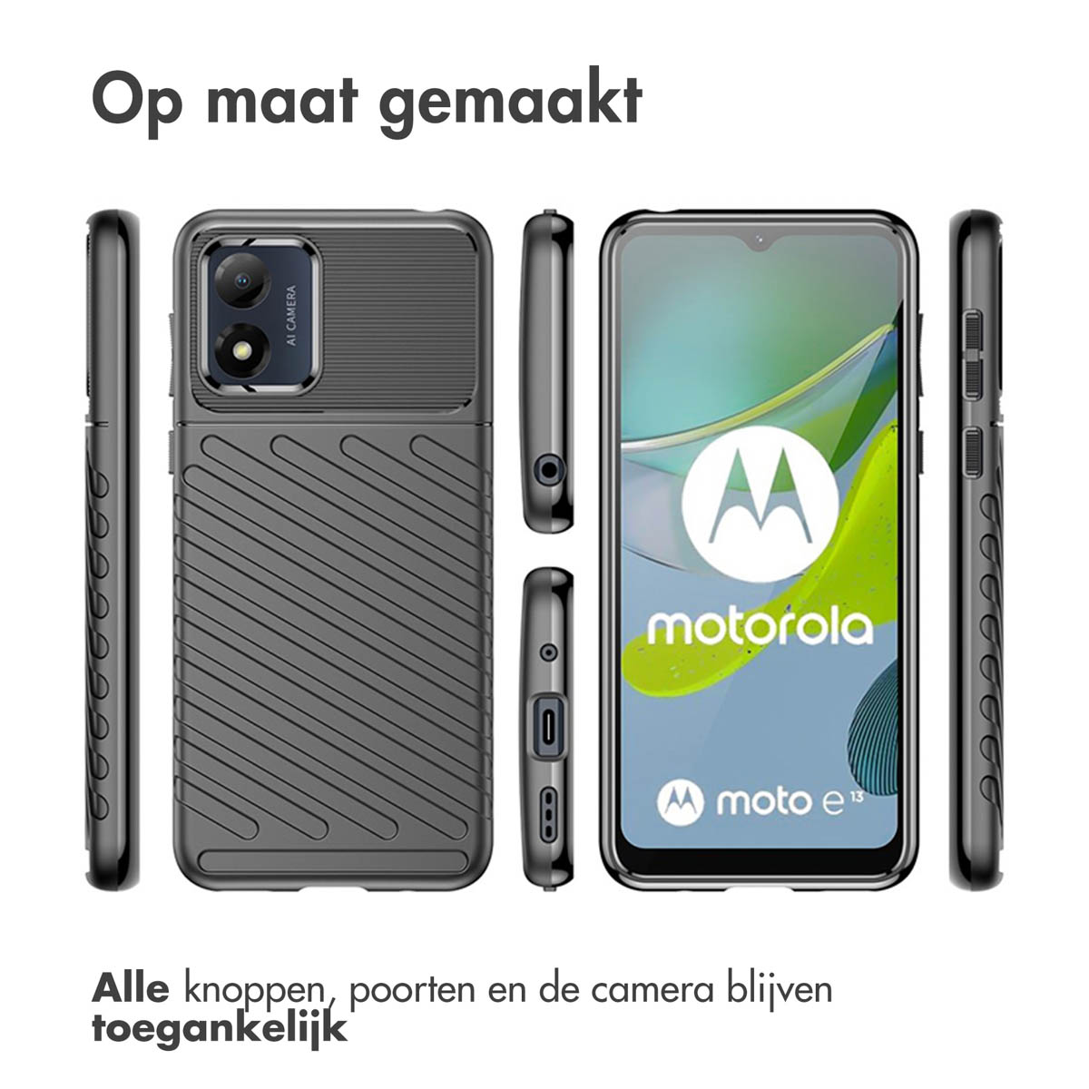 Meerdere weergaven van een zwarte telefoonhoes. Tekst: Op maat gemaakt. Alle knoppen, poorten en de camera blijven toegankelijk.