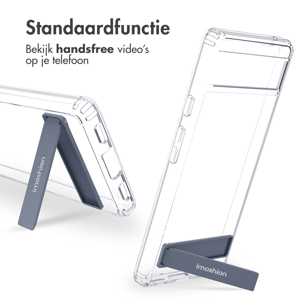 Twee telefoons in doorzichtige hoesjes met standaards. Eén staat, één ligt.