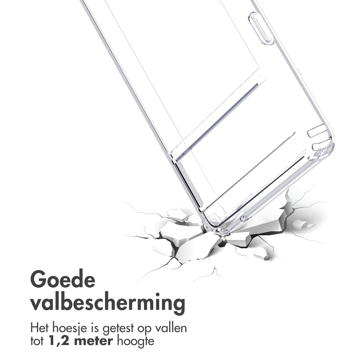 Transparante telefoonhoes op gebarsten wit oppervlak. Tekst: Goede valbescherming, valbescherming.