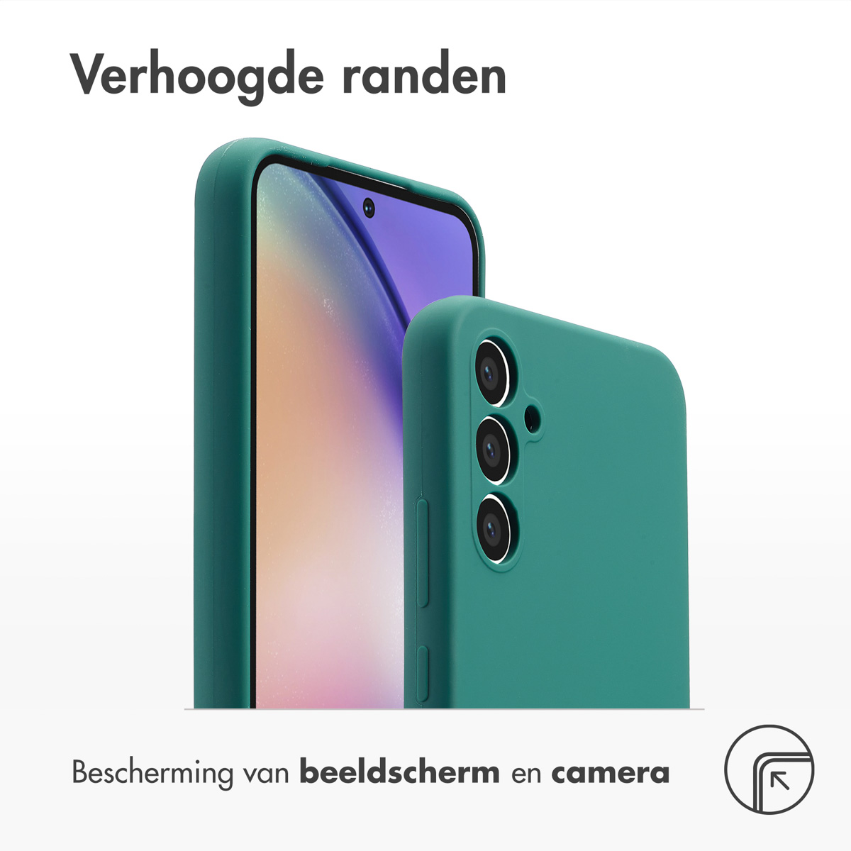 Blauwgroene telefoonhoes met een telefoon. Toont het scherm.