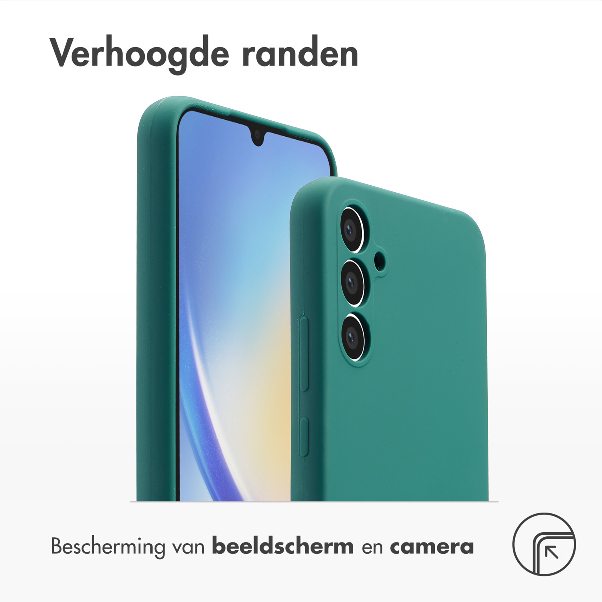 Telefoon en hoesje. Groene hoes en telefoon. Tekst: Verhoogde randen. Bescherming van scherm en camera.