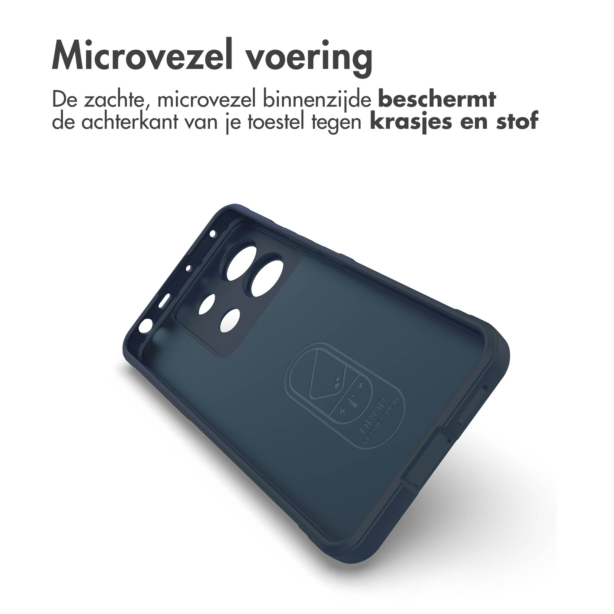 Blauw telefoonhoesje, binnenaanzicht. Toont de binnenkant van de hoes. Het hoesje heeft een uitsparing voor de camera.