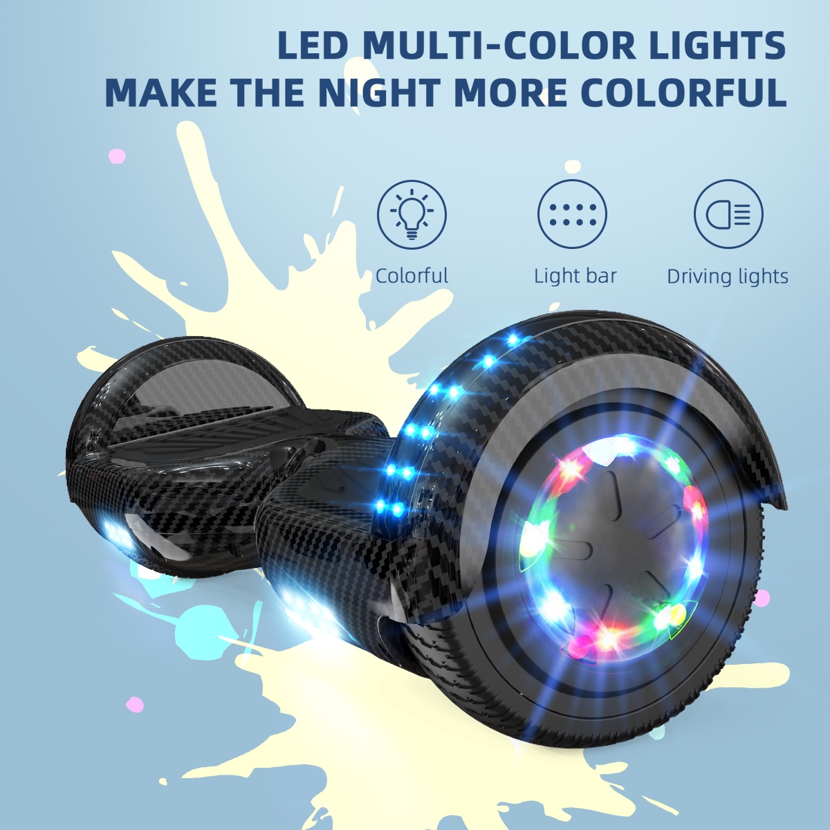 Ein schwarzes Hoverboard mit mehrfarbigen LED-Leuchten. Text lautet: 'LED MULTI-COLOR LIGHTS MAKE THE NIGHT MORE COLORFUL'.