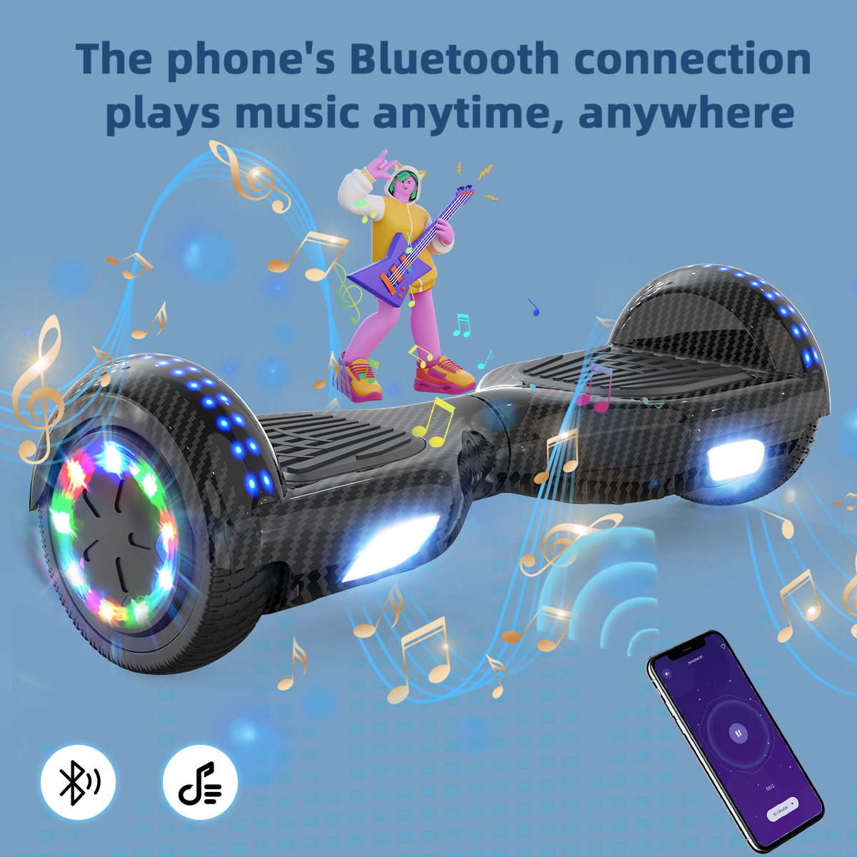Person auf einem Hoverboard, die Musik über Bluetooth von einem Telefon abspielt. Musiknoten um die Szene.