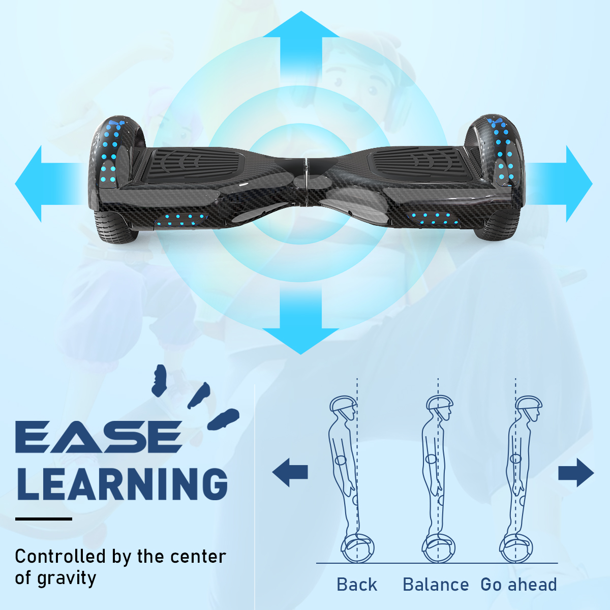 Hoverboard mit blauen Pfeilen und Illustrationen, die Gleichgewicht und Lernkonzepte zeigen.
