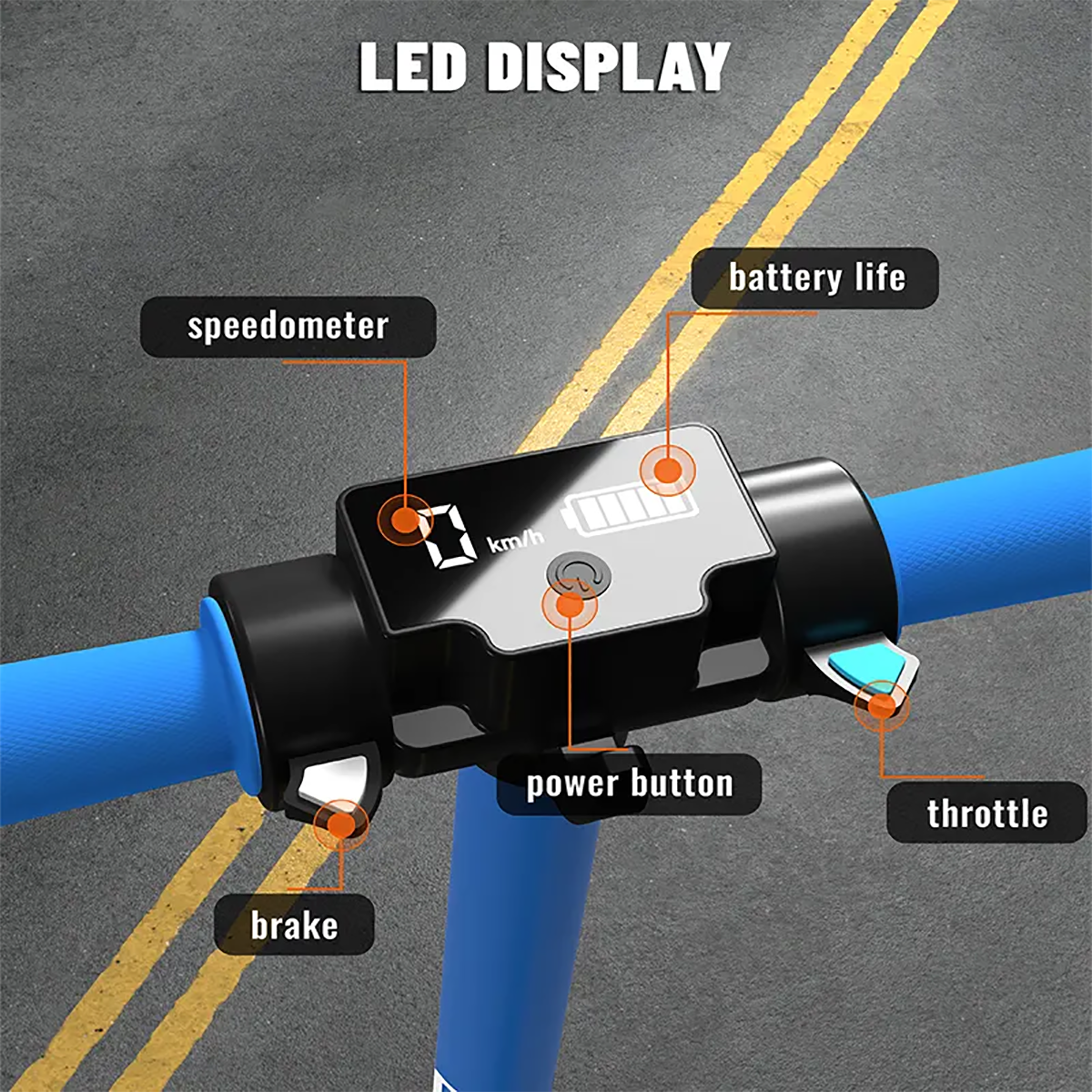 Elektroroller-LED-Anzeige. Zeigt Tachometer, Akkulaufzeit, Ein-/Aus-Taste und Gashebel mit Bremse.
