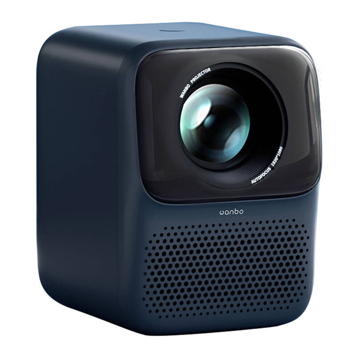 Proyector azul oscuro. Lente negra. Orificios negros para altavoces. Fondo blanco.