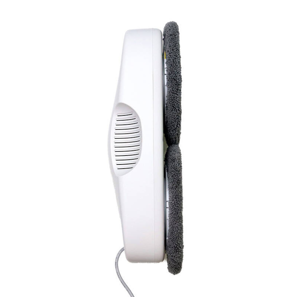 Robot de nettoyage de vitres blanc avec tampons de nettoyage gris, sur fond blanc.