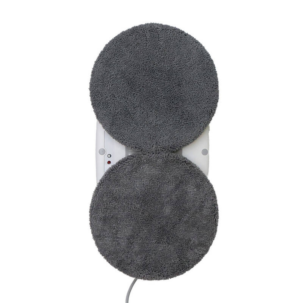 Un aspirateur robot circulaire blanc et gris avec deux tampons.