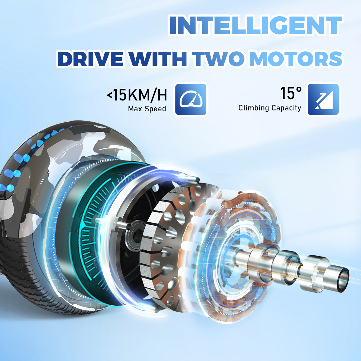 Mechaniczne części silnika. Tekst: Inteligentny napęd z dwoma silnikami. Prędkość maks. <lt/>15 km/h.