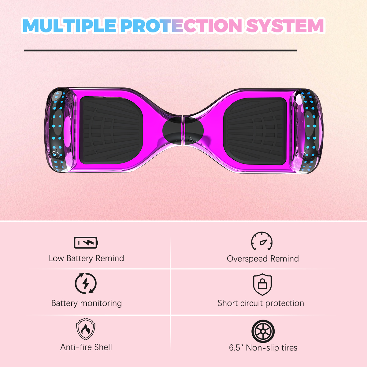 Hoverboard rosa con texto sobre múltiples sistemas de protección e iconos para batería, velocidad y carcasa.
