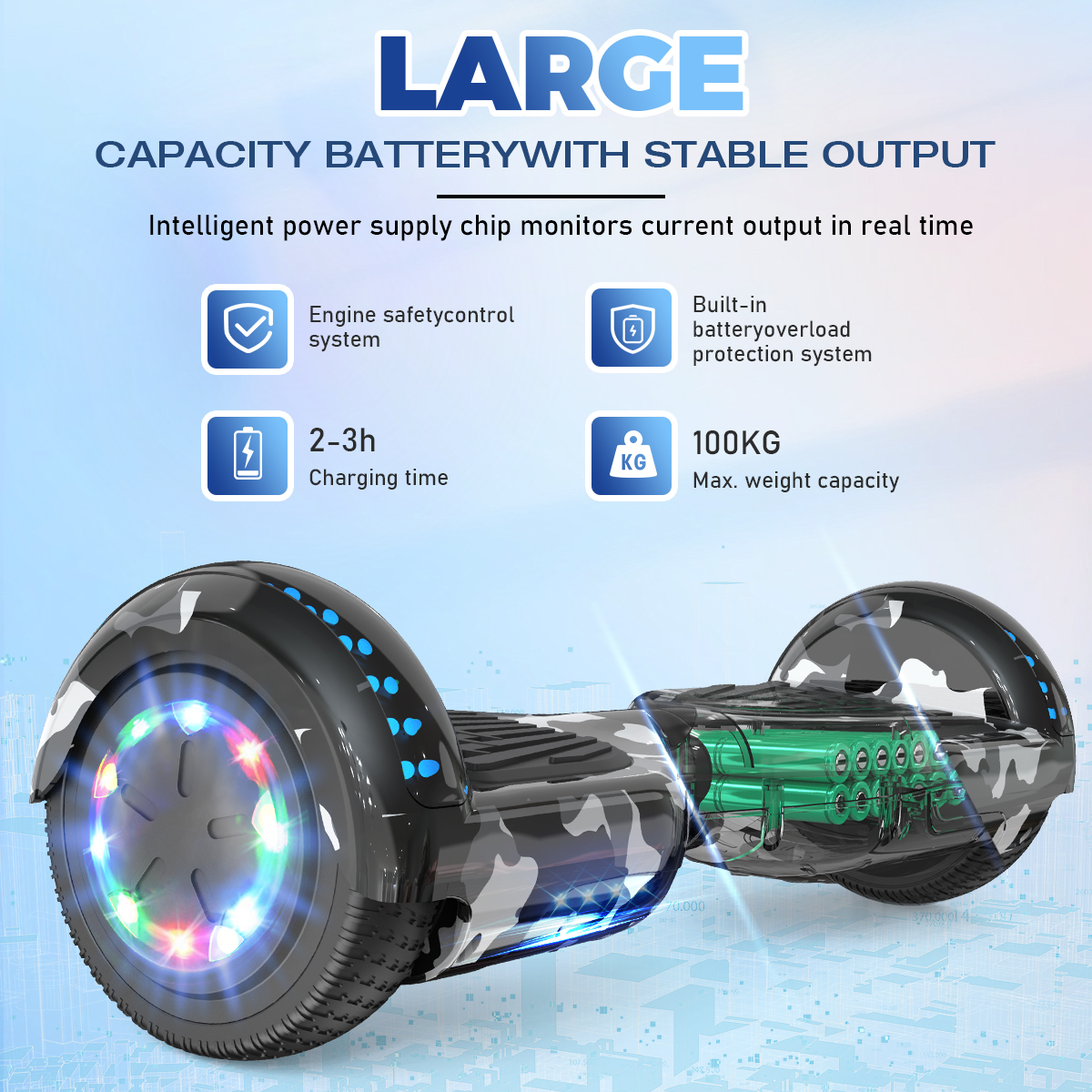 Czarno-szara deskorolka z światłami. Tekst: Akumulator o dużej pojemności.