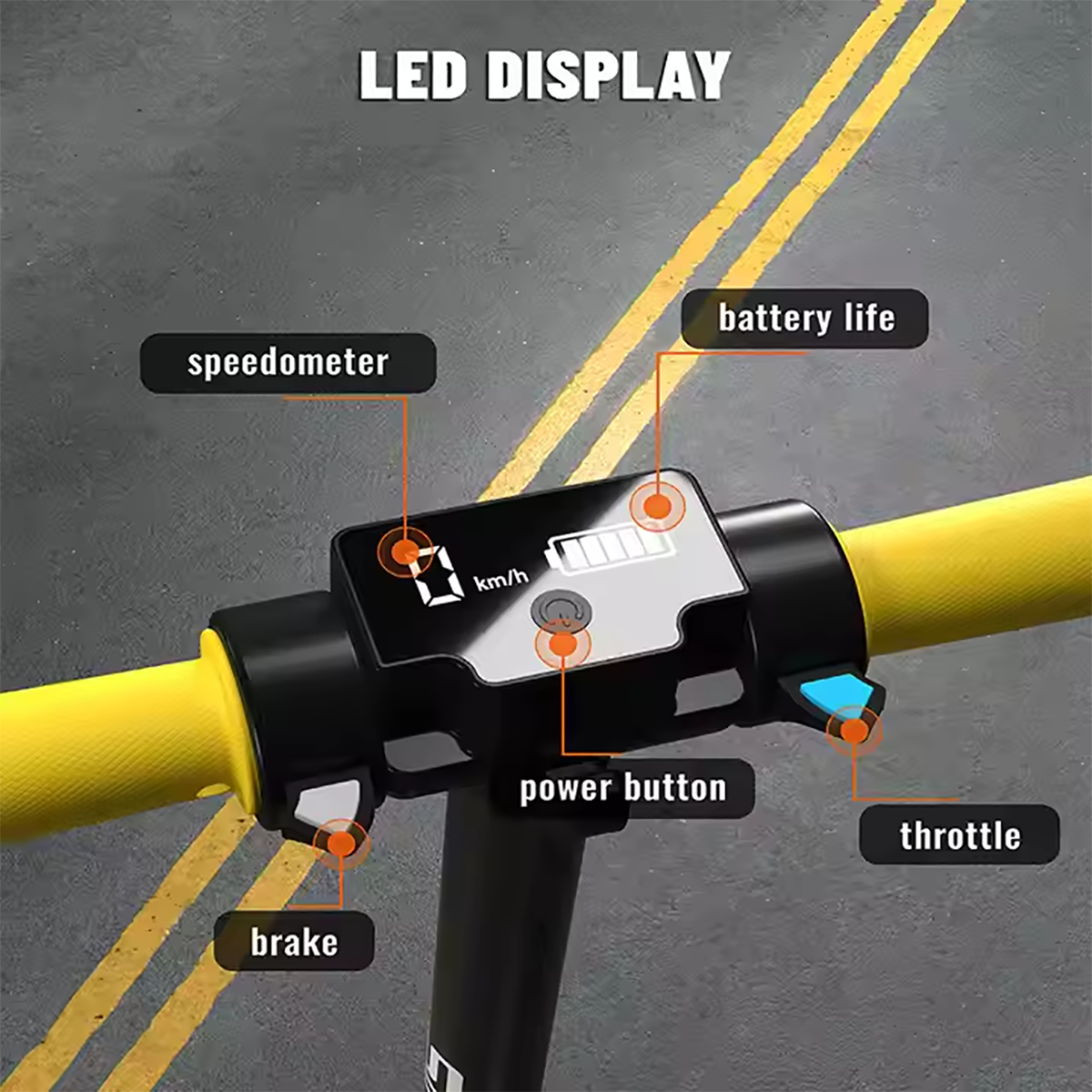 Nahaufnahme des LED-Displays eines Rollers, mit Beschriftungen und einem gelben Lenker.