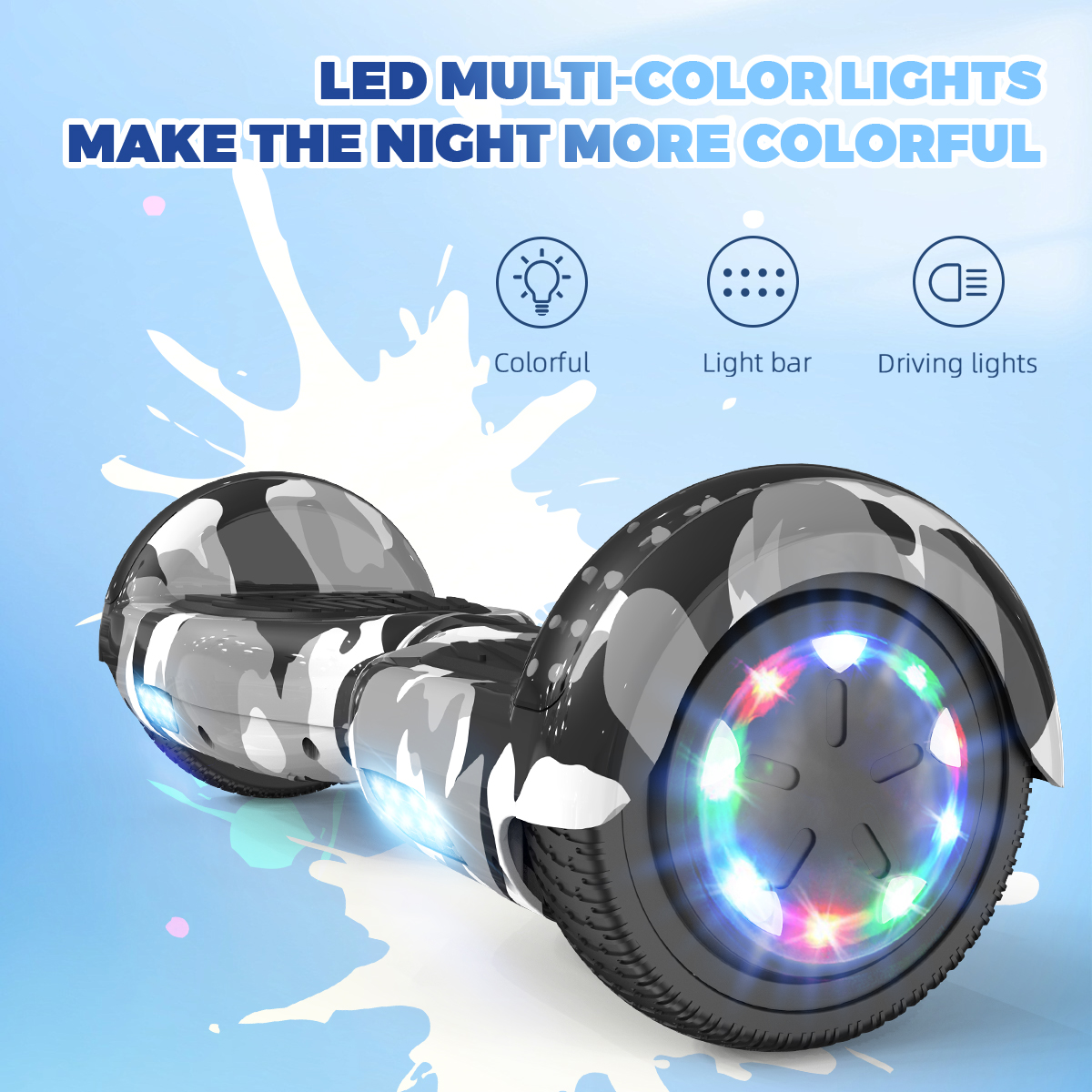 Czarno-szara deska hoverboard z wielokolorowymi światłami LED i tekstem na niebieskim tle.