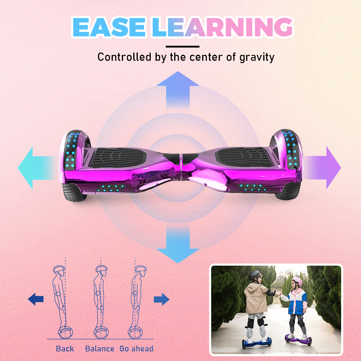 Un hoverboard morado con superposición de texto. Dos niños montan hoverboards en el fondo.